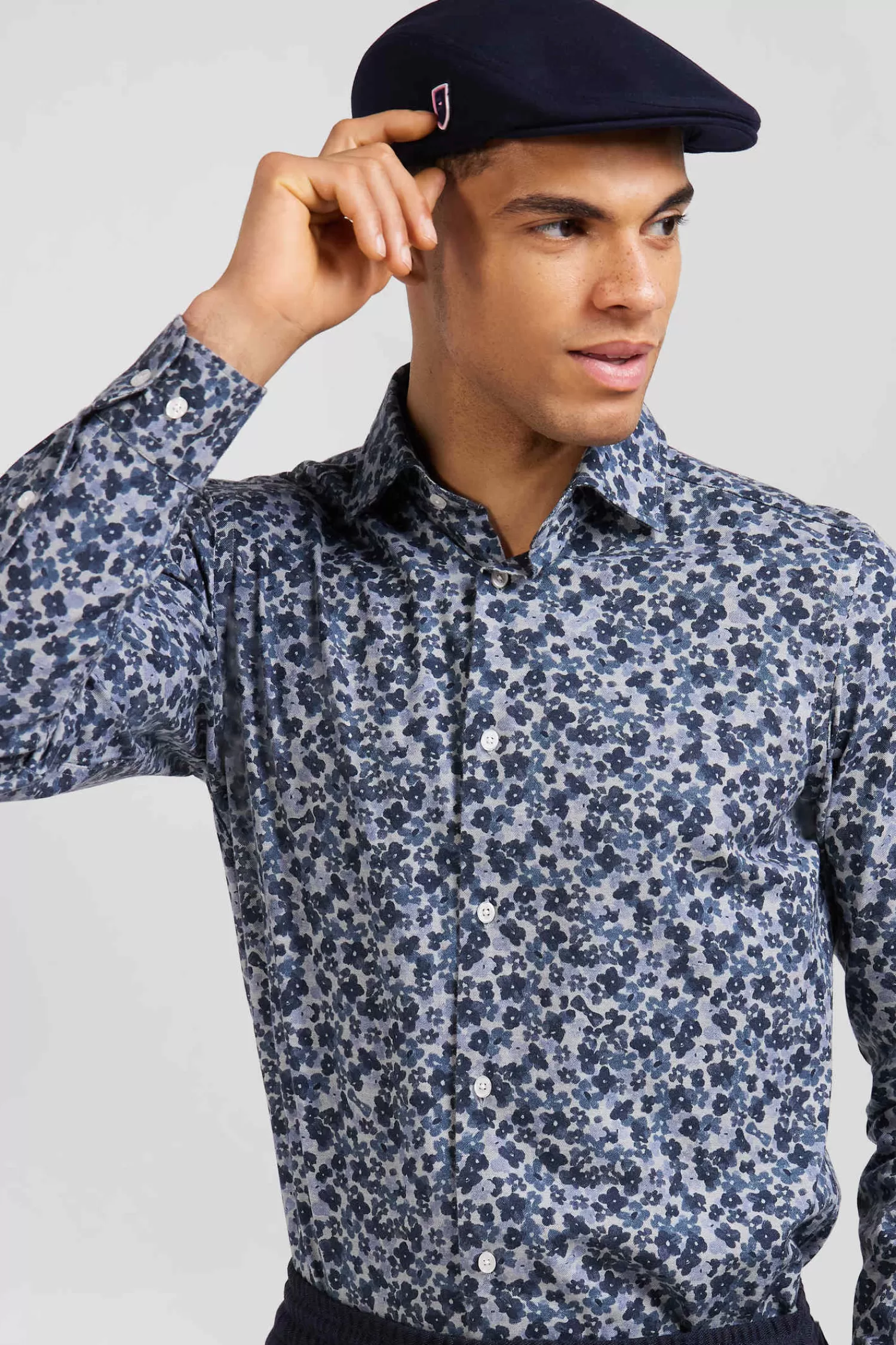 Eden Park Chemise en popeline de coton grise microimprimé fleurs coupe Slim< Shirts