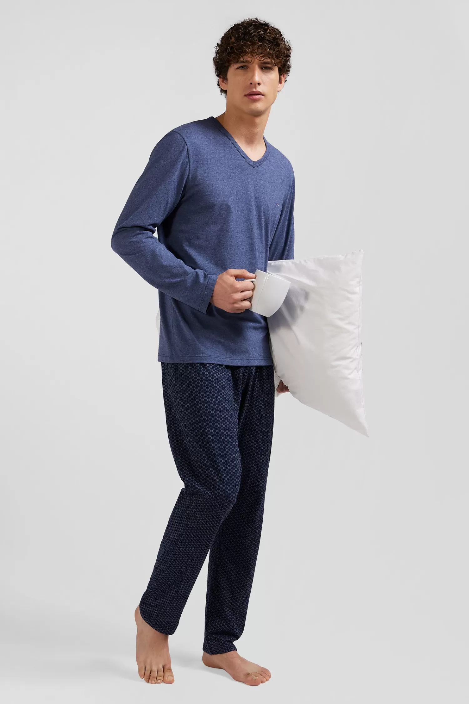 Eden Park Dark blue long cotton pajamas with bow tie micro pattern trousers< Pajamas