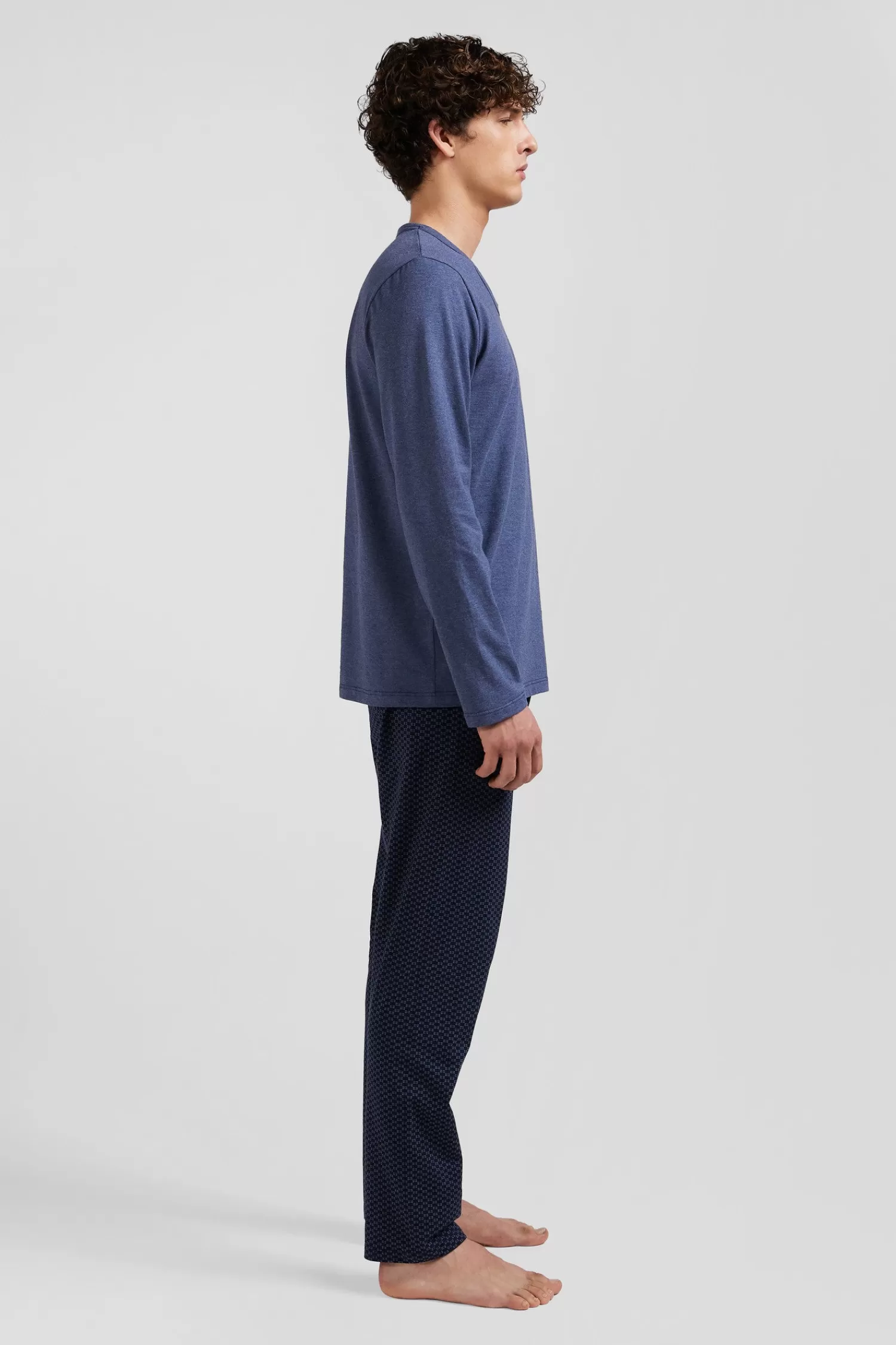 Eden Park Dark blue long cotton pajamas with bow tie micro pattern trousers< Pajamas