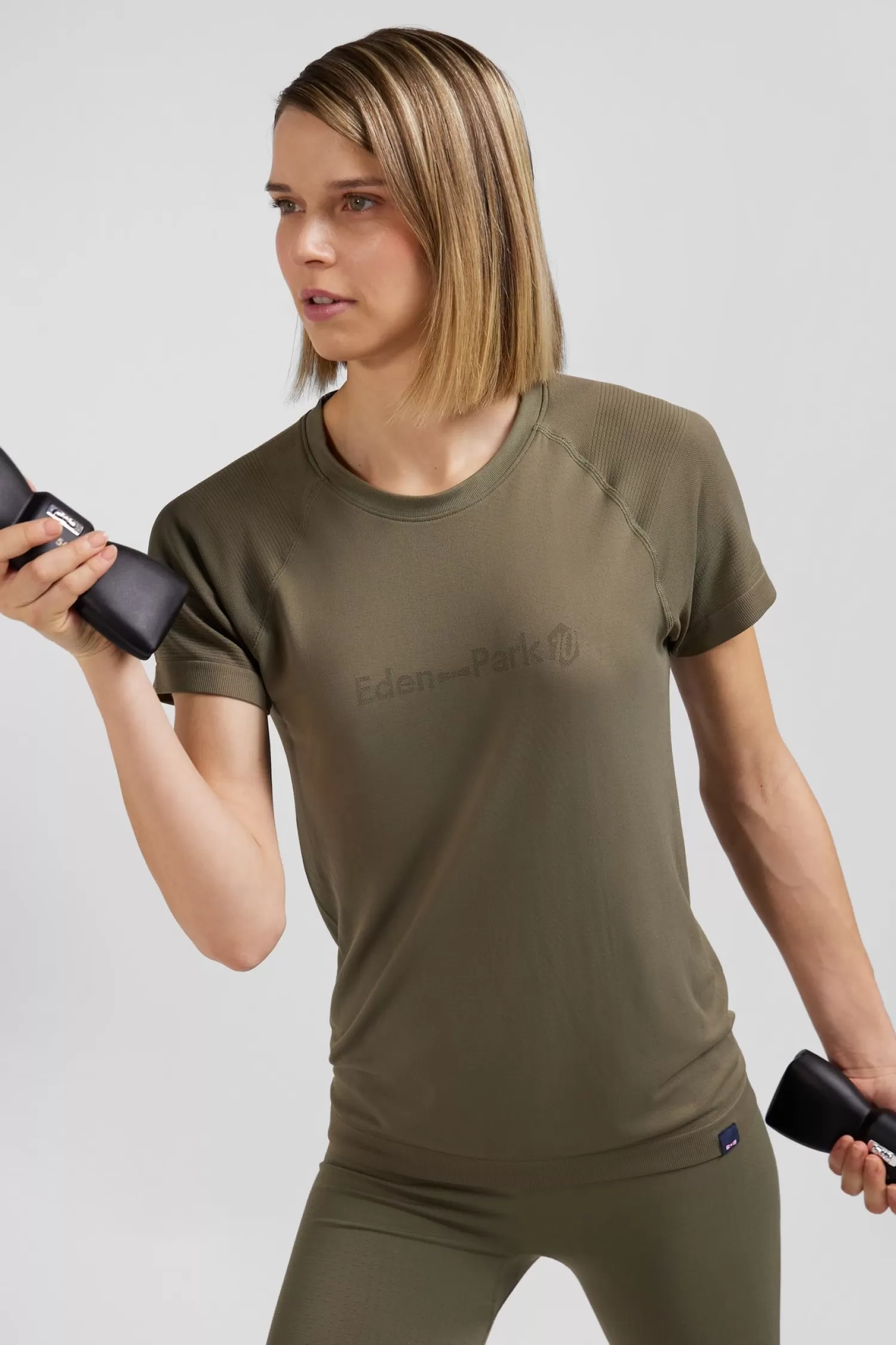 Eden Park Khaki green short-sleeved sports T-shirt with striped details<Women T-shirts