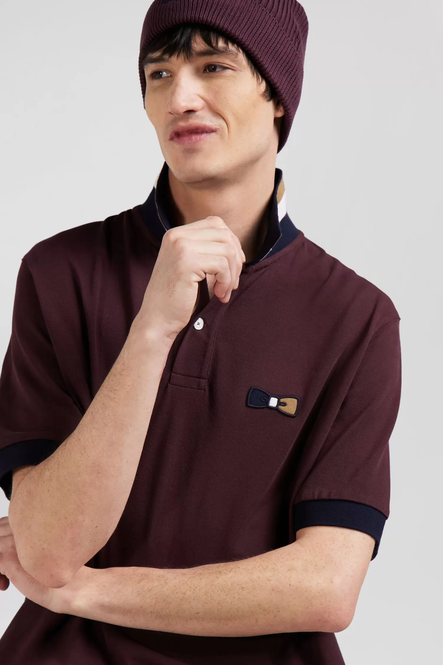 Eden Park Oversize burgundy short-sleeved cotton piqué polo shirt with tricolor details< Polos