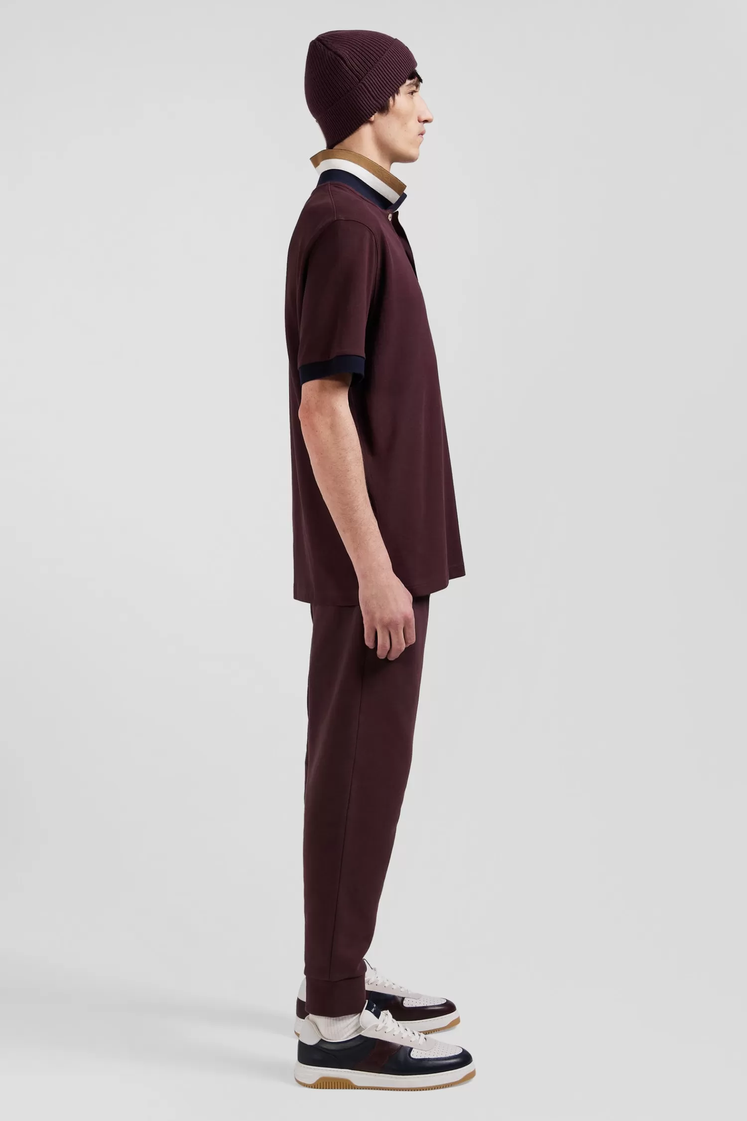 Eden Park Oversize burgundy short-sleeved cotton piqué polo shirt with tricolor details< Polos