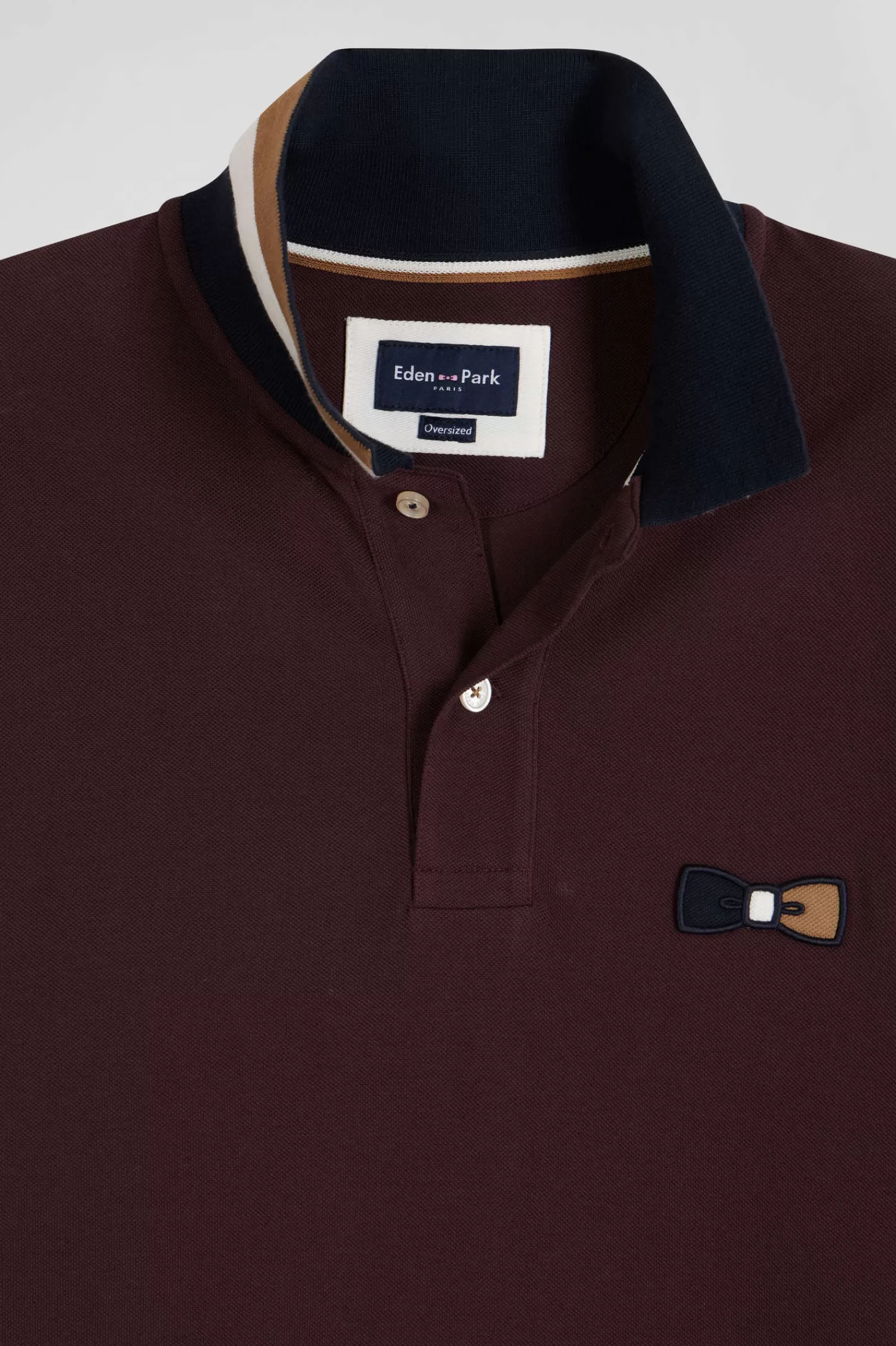 Eden Park Oversize burgundy short-sleeved cotton piqué polo shirt with tricolor details< Polos