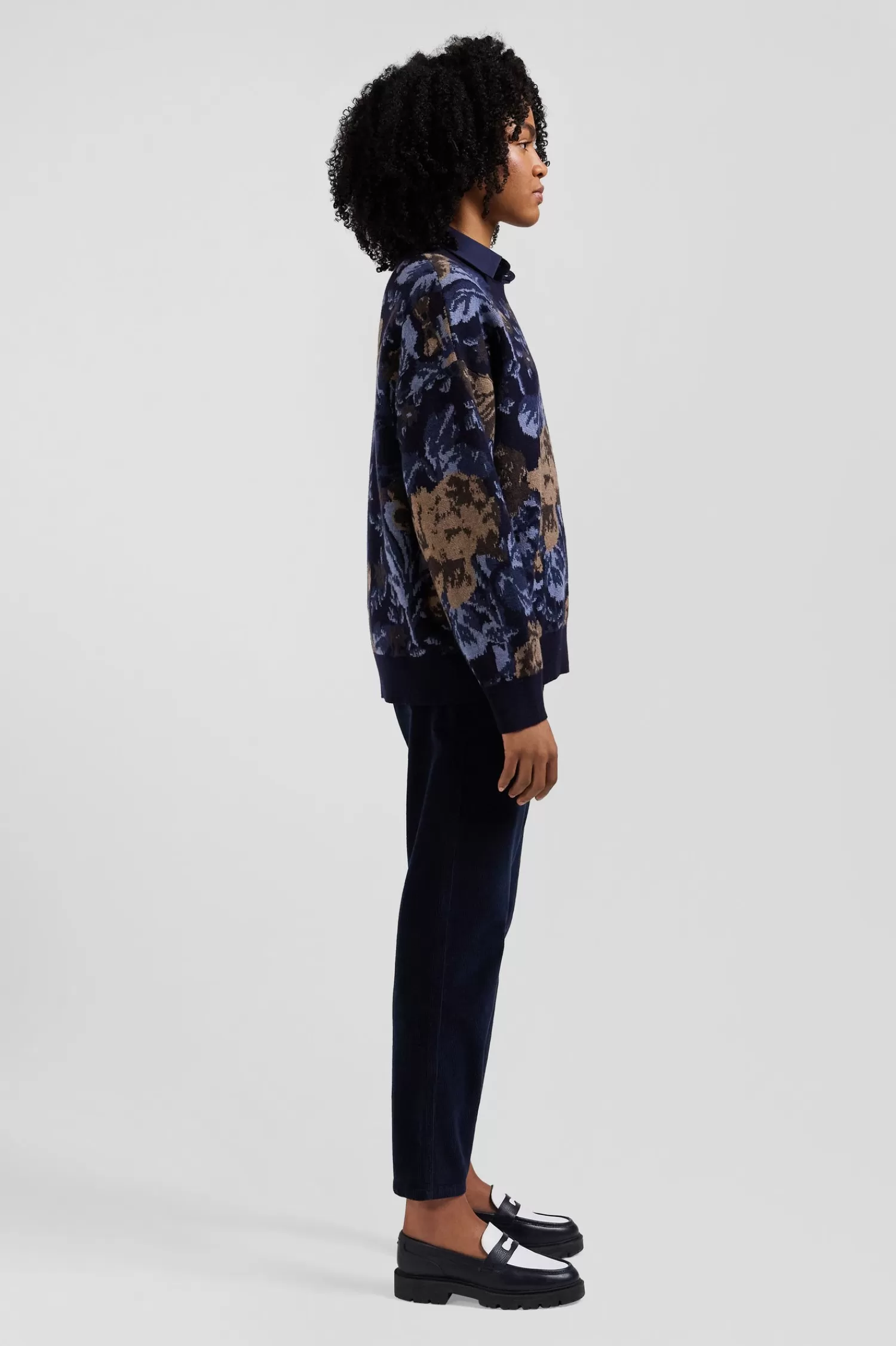 Eden Park Oversize navy wool and cotton crew neck jumper with floral patterns<Women Sweaters