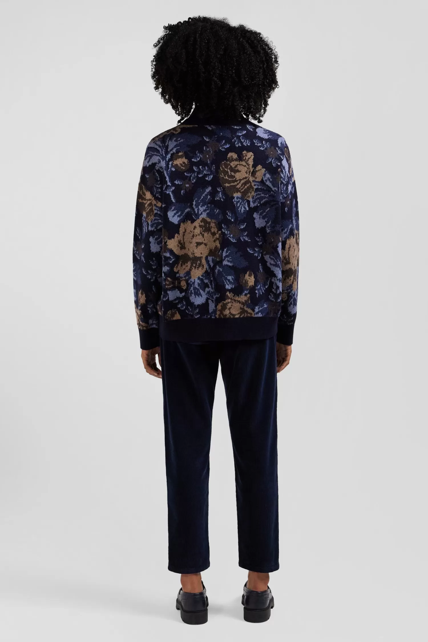 Eden Park Oversize navy wool and cotton crew neck jumper with floral patterns<Women Sweaters