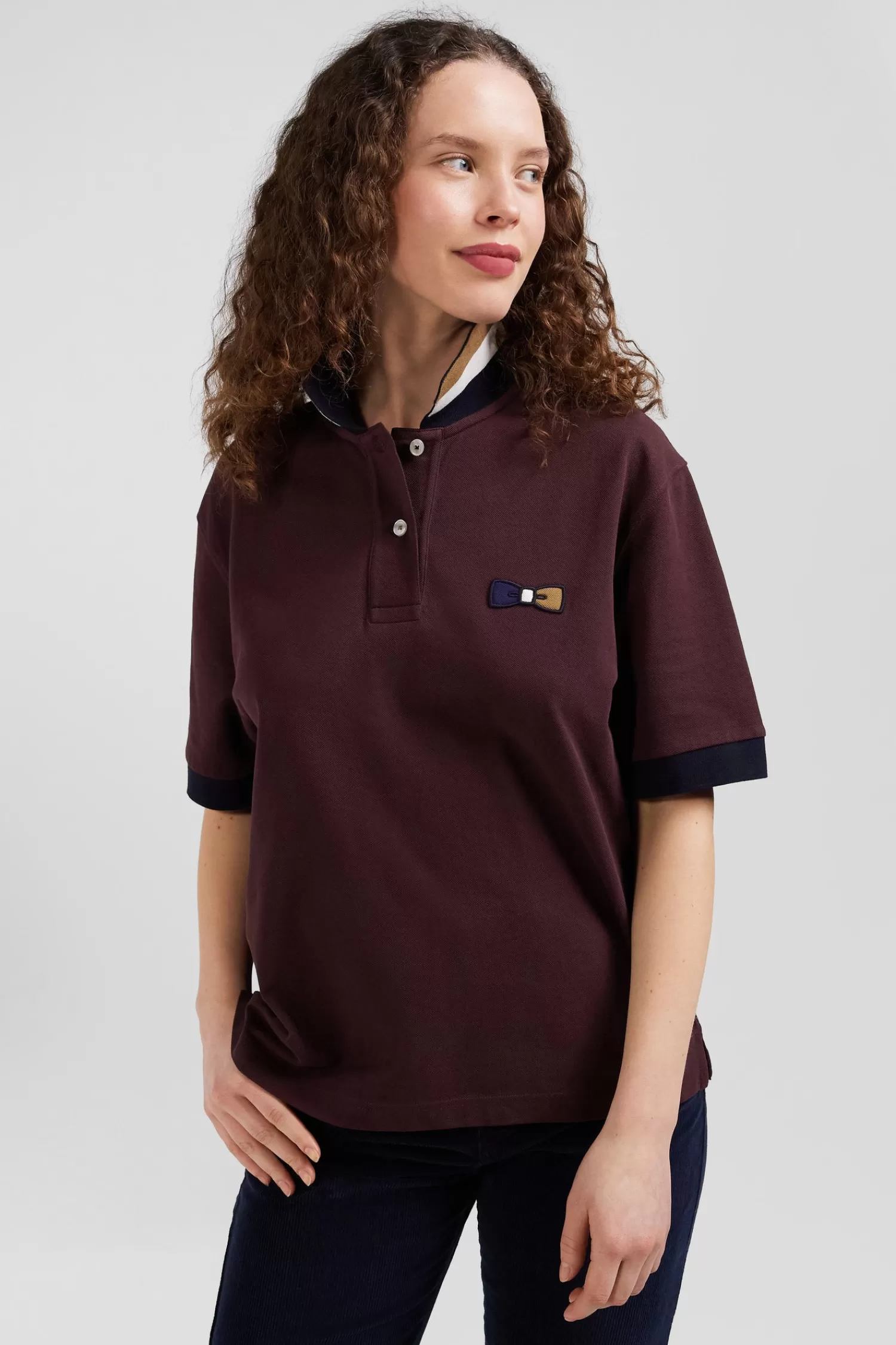 Eden Park Oversized burgundy short-sleeved cotton piqué polo shirt with tricolour collar<Women Polos | Polos