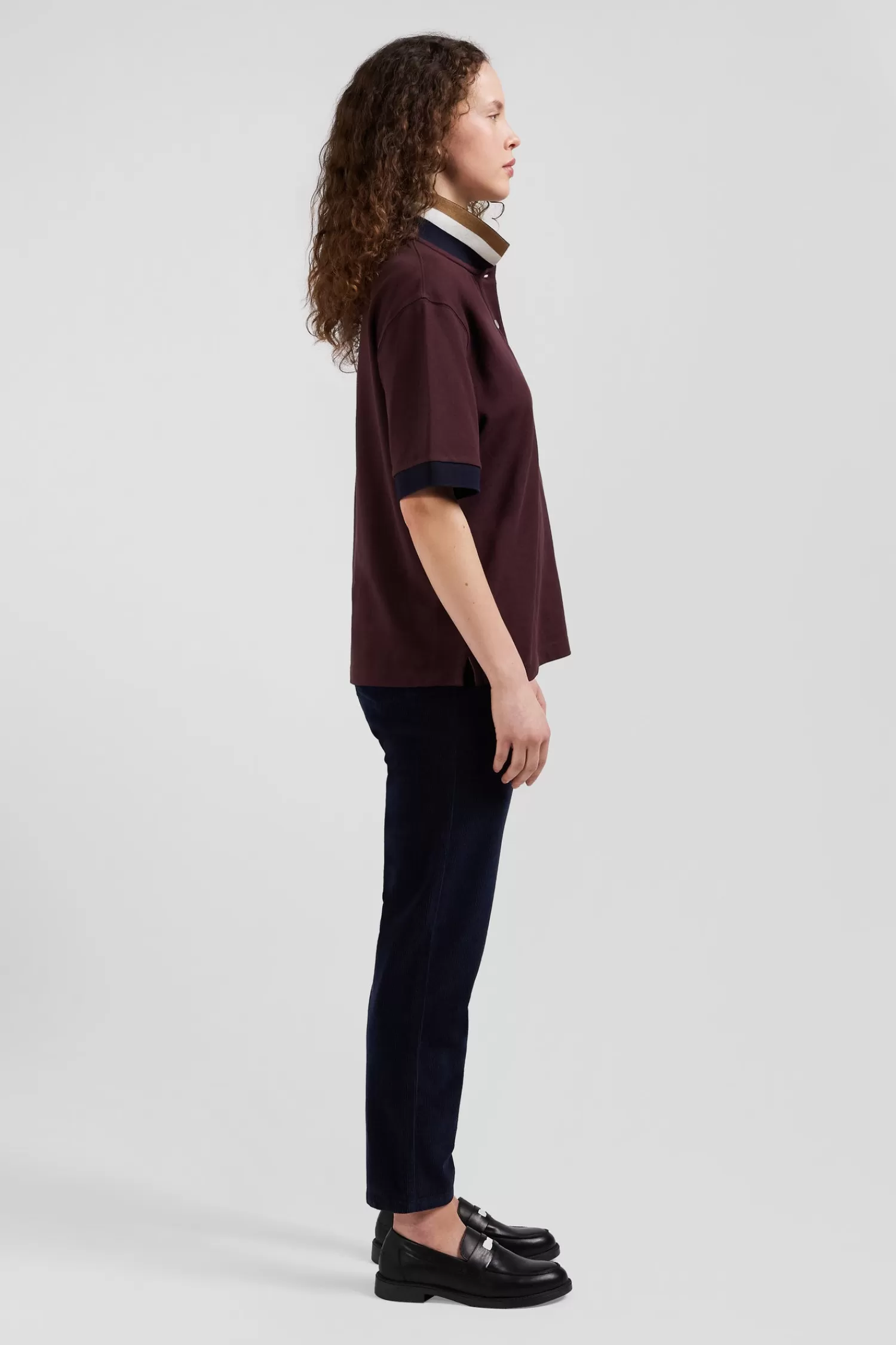 Eden Park Oversized burgundy short-sleeved cotton piqué polo shirt with tricolour collar<Women Polos | Polos