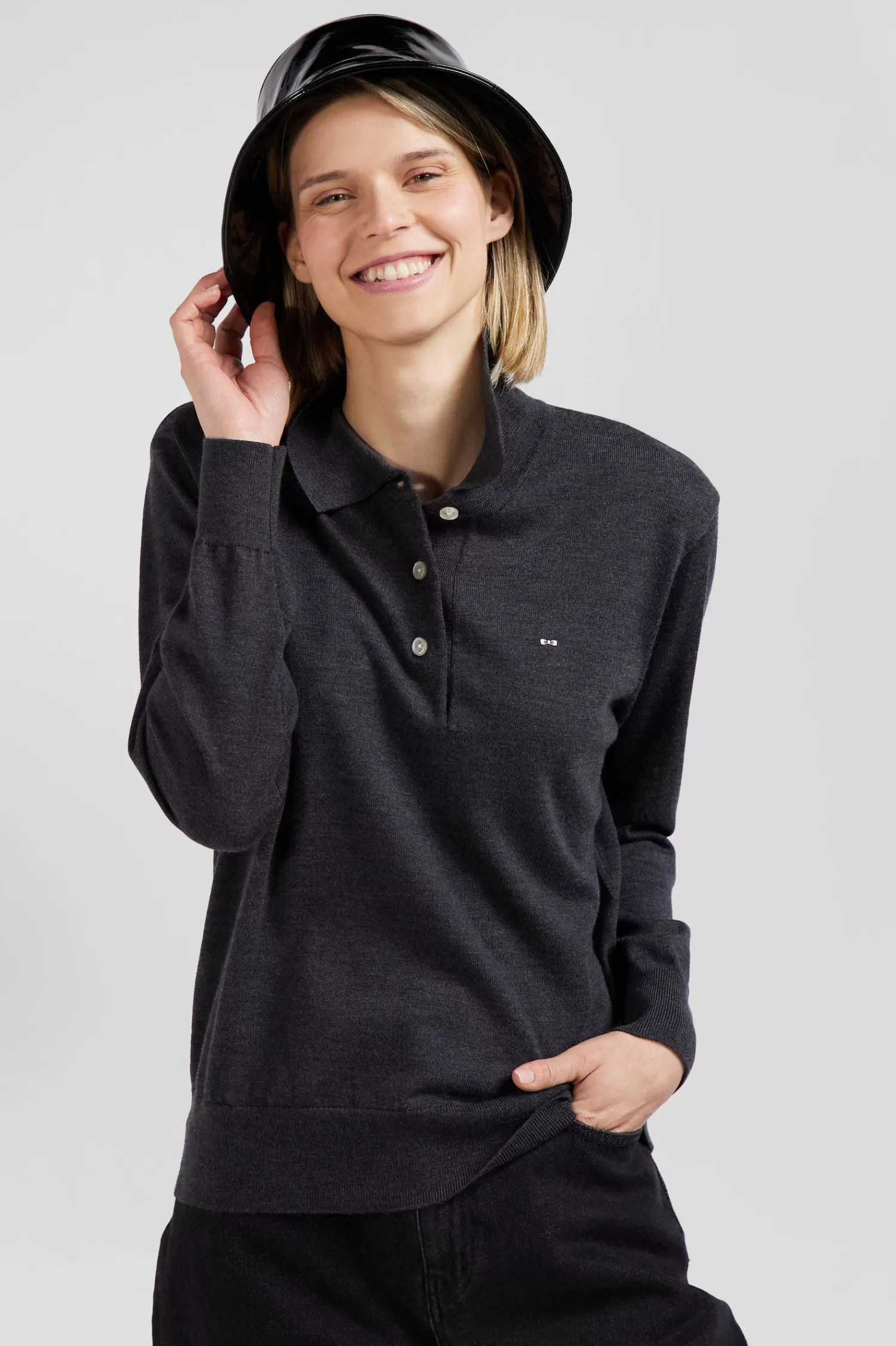 Eden Park Regular anthracite grey women's wool jumper with rugby shirt collar<Women Sweaters