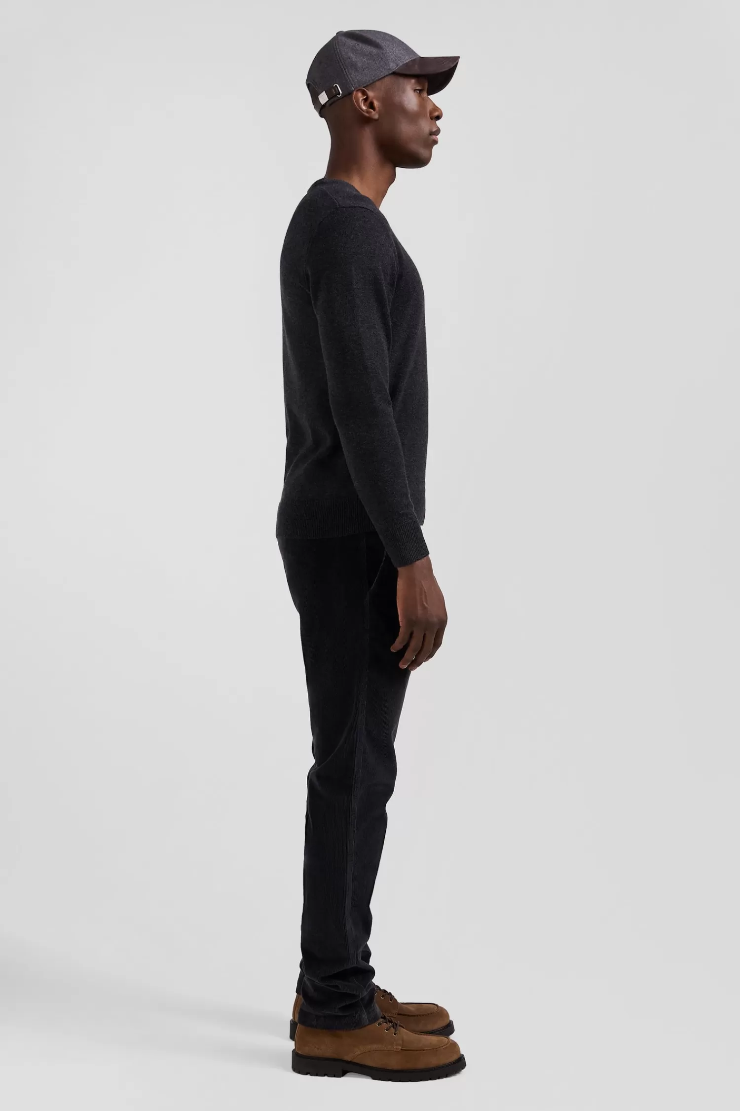 Eden Park Regular anthracite grey wool and cotton V-neck jumper with striped details< Sweaters