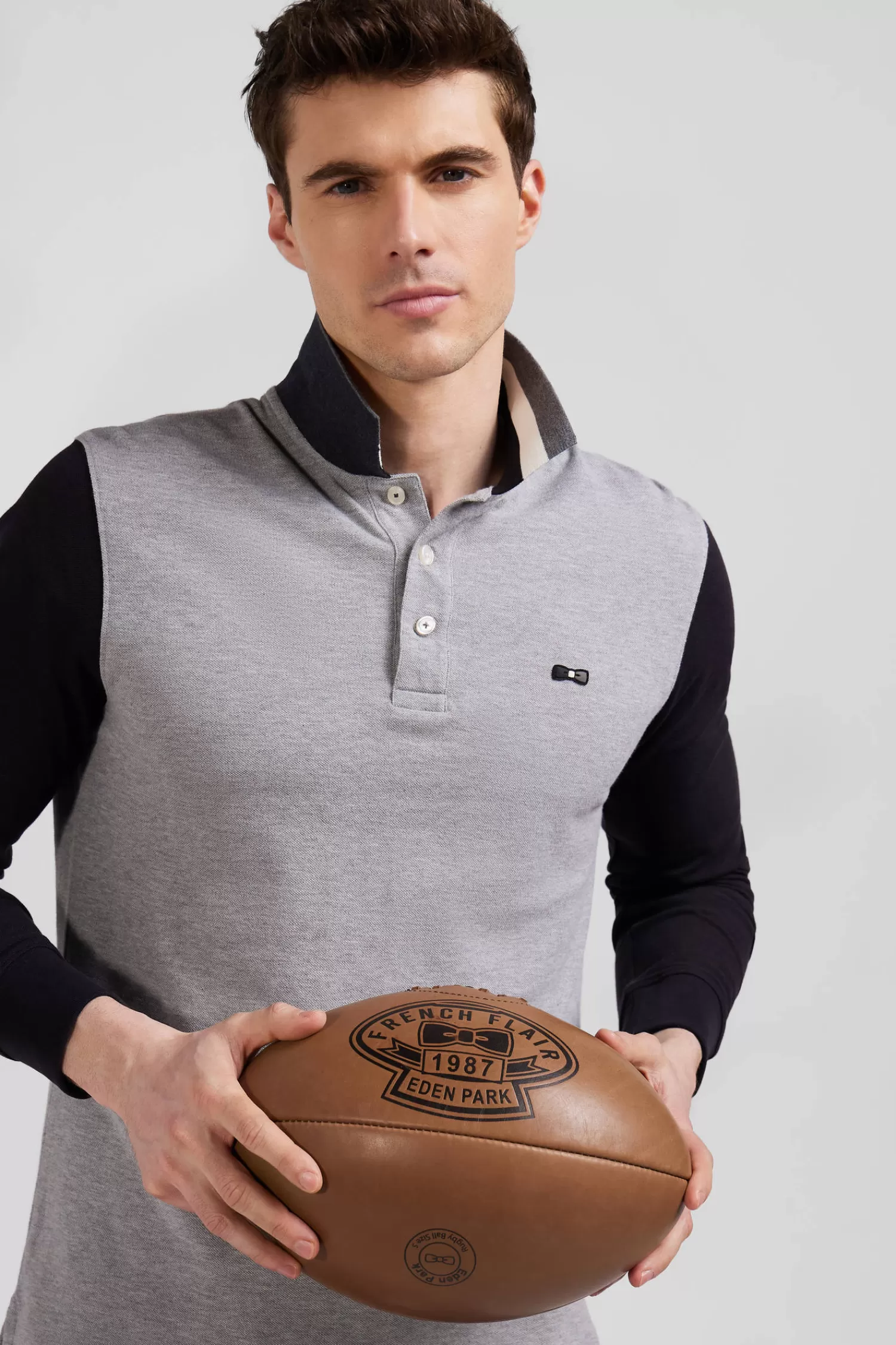 Eden Park Regular black bicolor long-sleeved cotton piqué polo shirt with jacquard collar< Polos