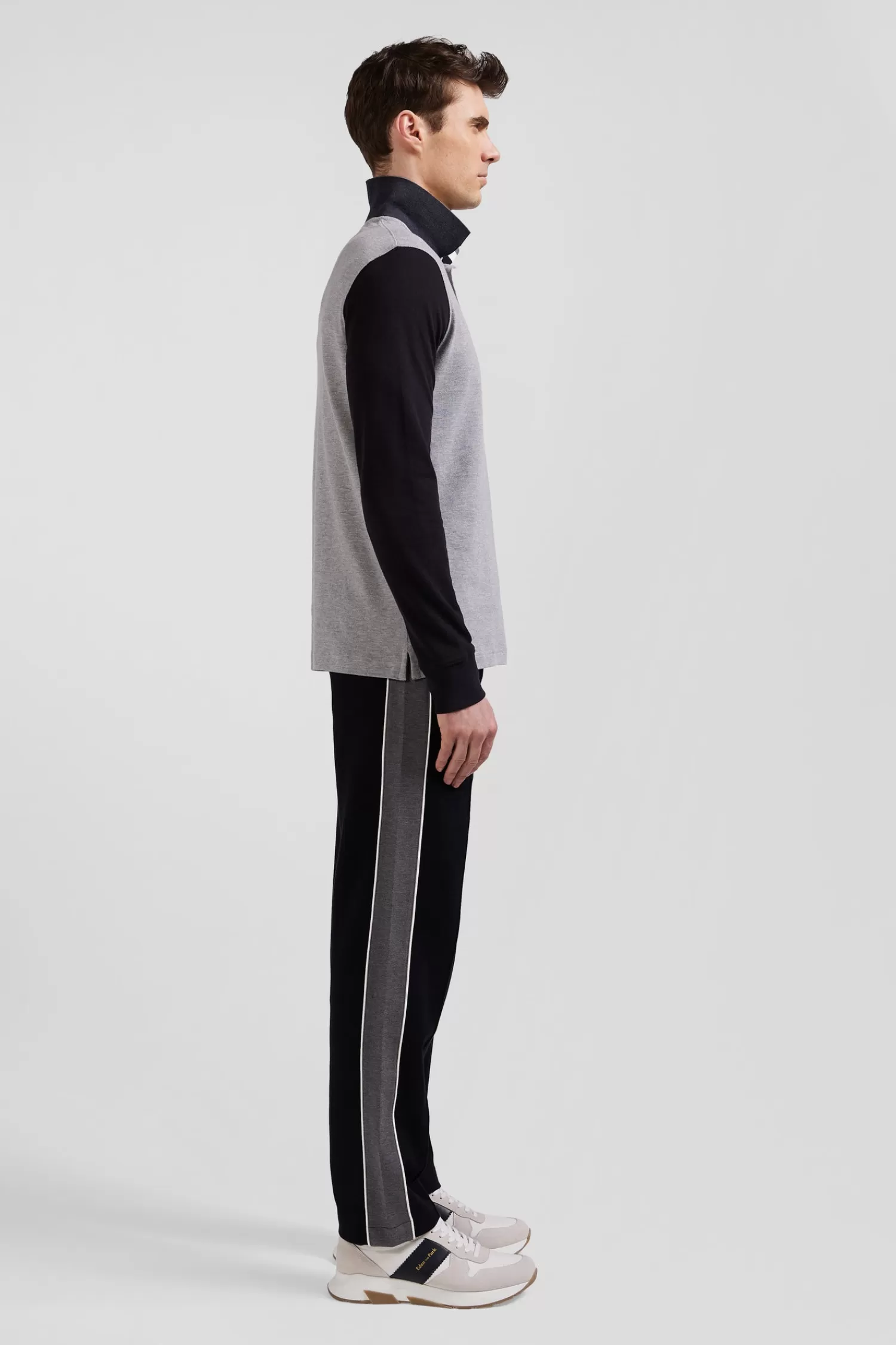 Eden Park Regular black bicolor long-sleeved cotton piqué polo shirt with jacquard collar< Polos