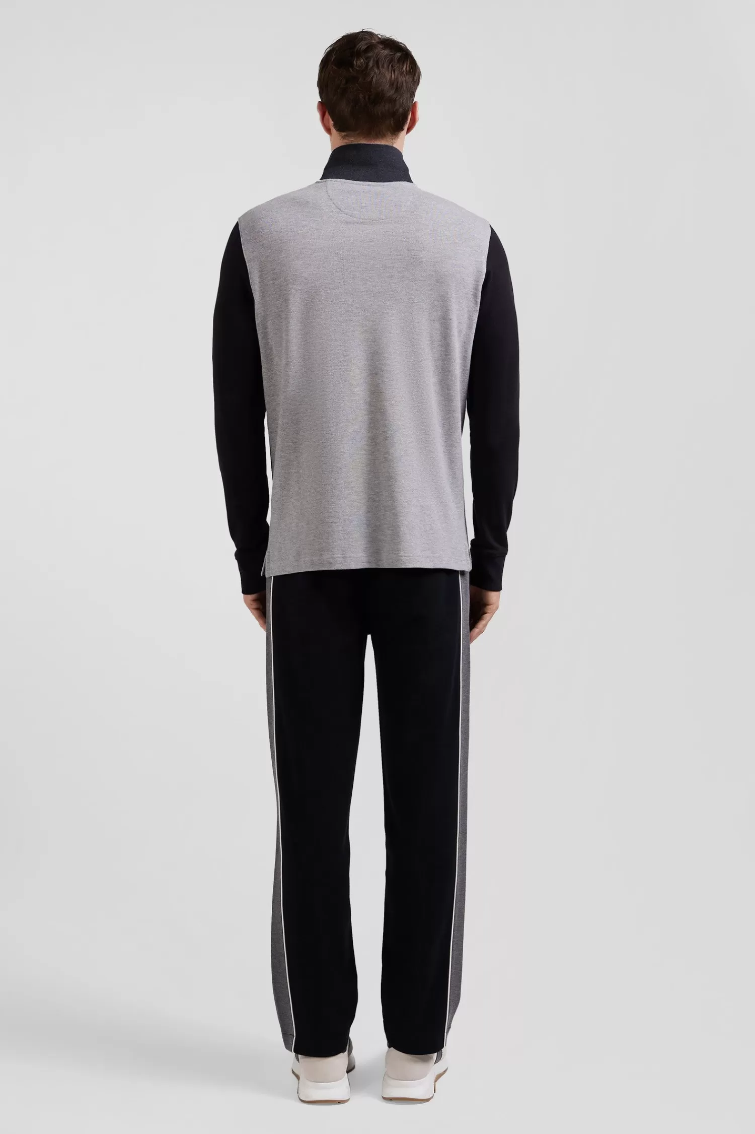 Eden Park Regular black bicolor long-sleeved cotton piqué polo shirt with jacquard collar< Polos