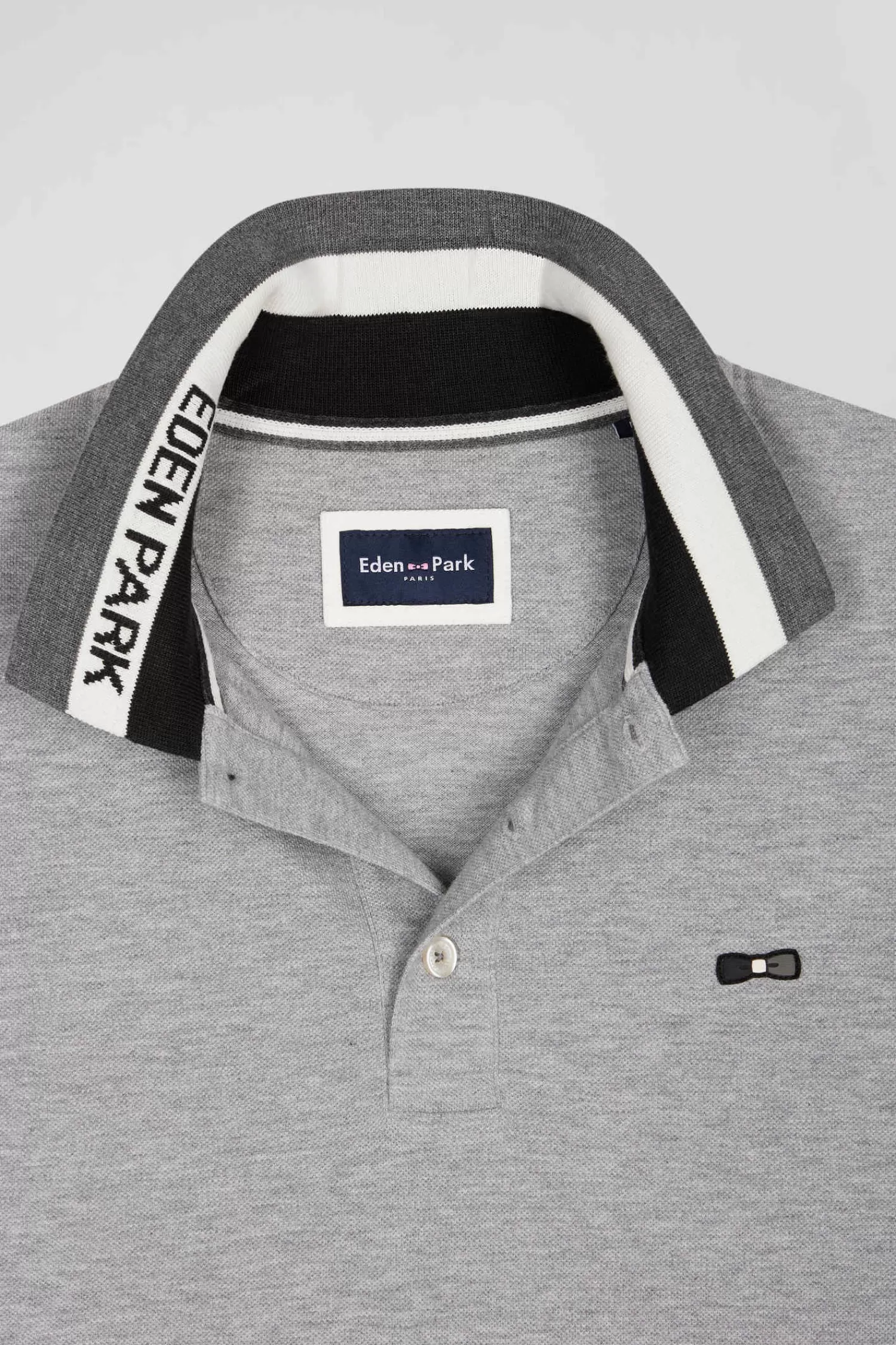 Eden Park Regular black bicolor long-sleeved cotton piqué polo shirt with jacquard collar< Polos