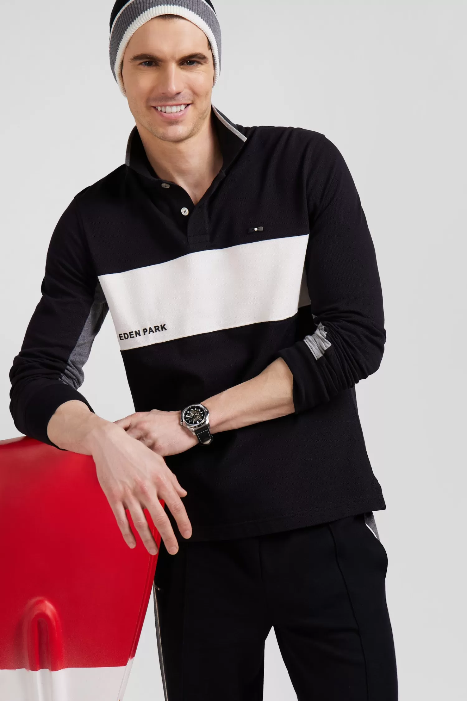 Eden Park Regular black colorblock long-sleeved cotton piqué polo shirt< Polos