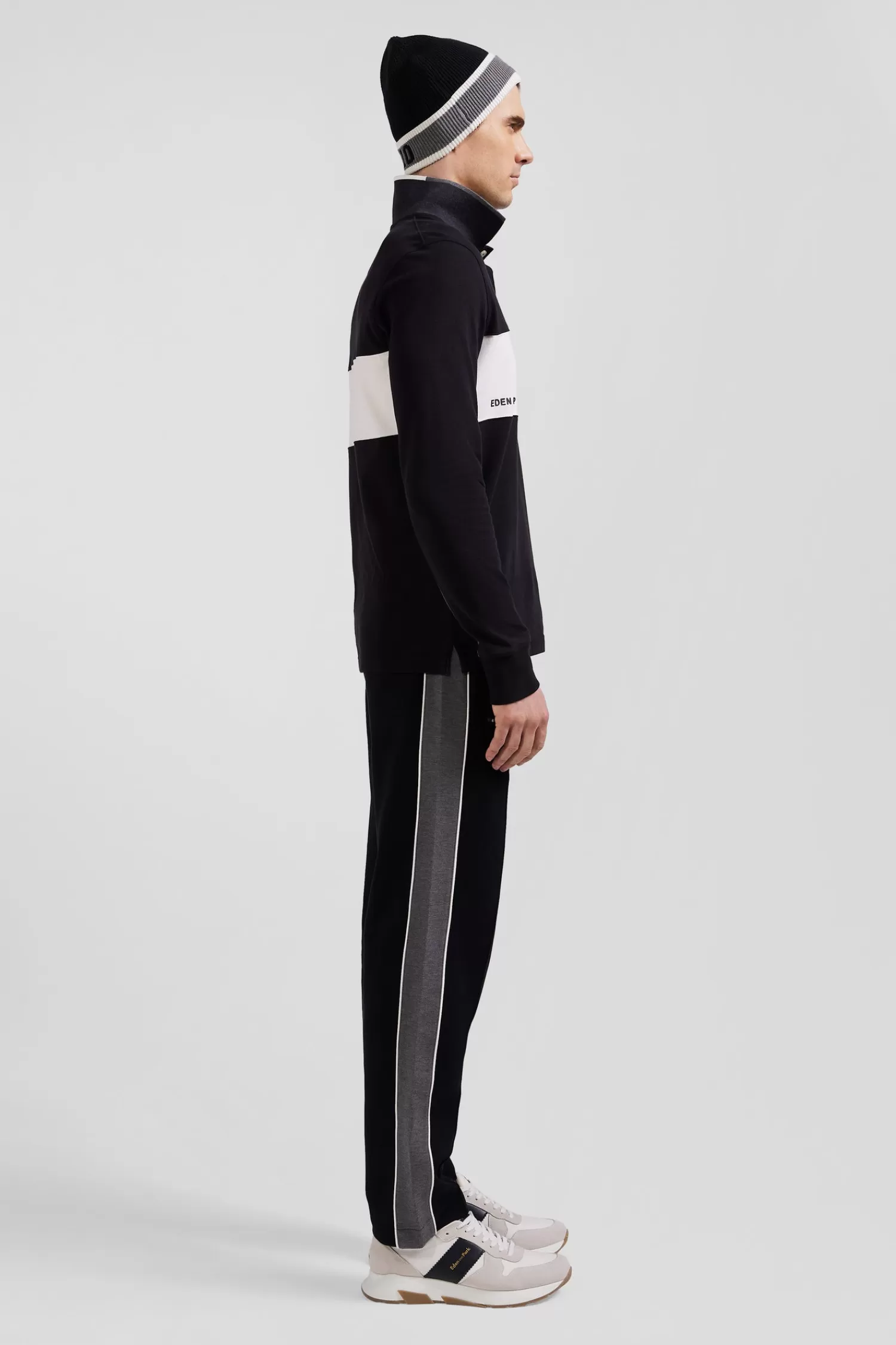 Eden Park Regular black colorblock long-sleeved cotton piqué polo shirt< Polos