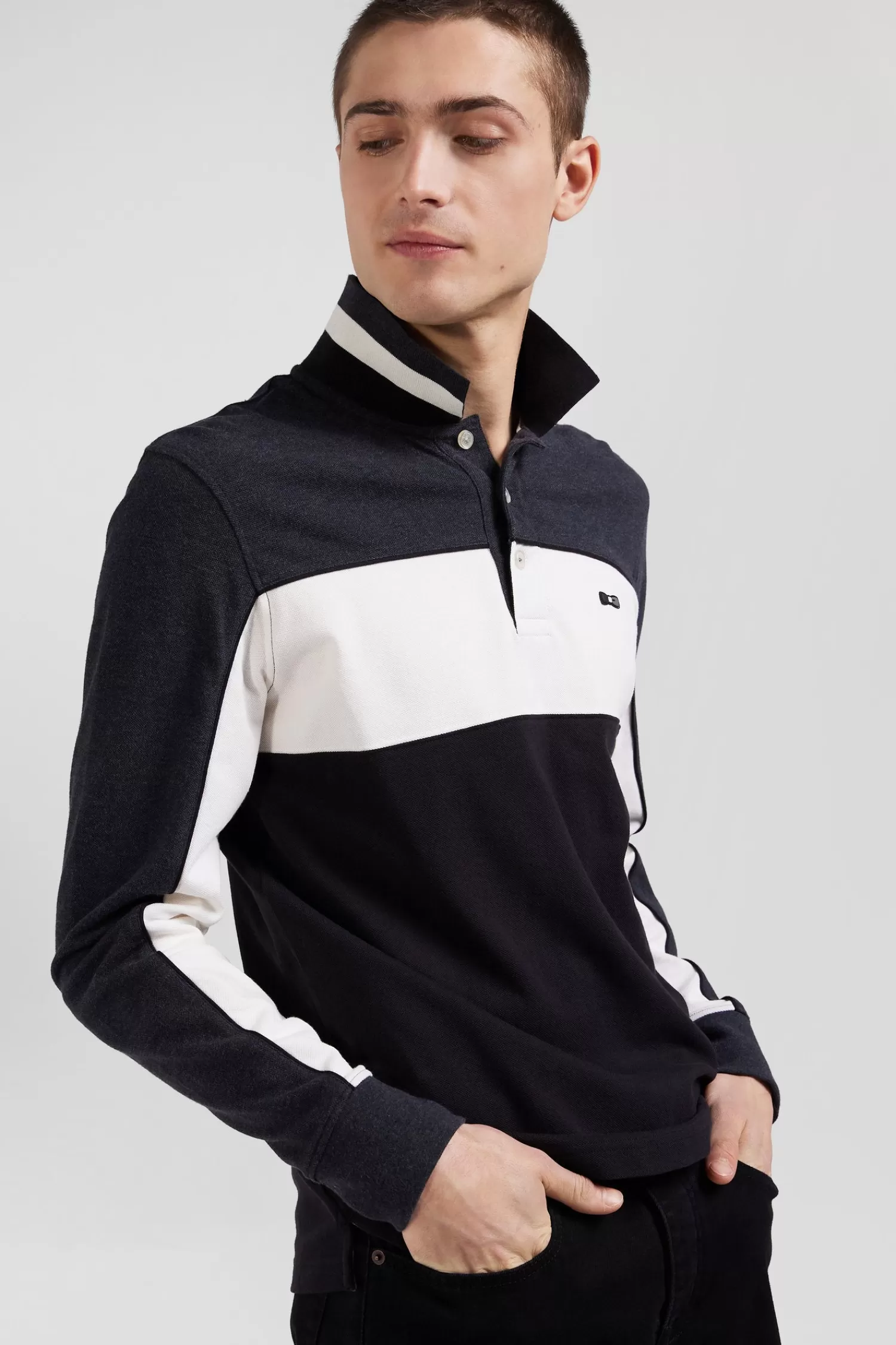 Eden Park Regular black tricolor long-sleeved cotton piqué polo shirt< Polos