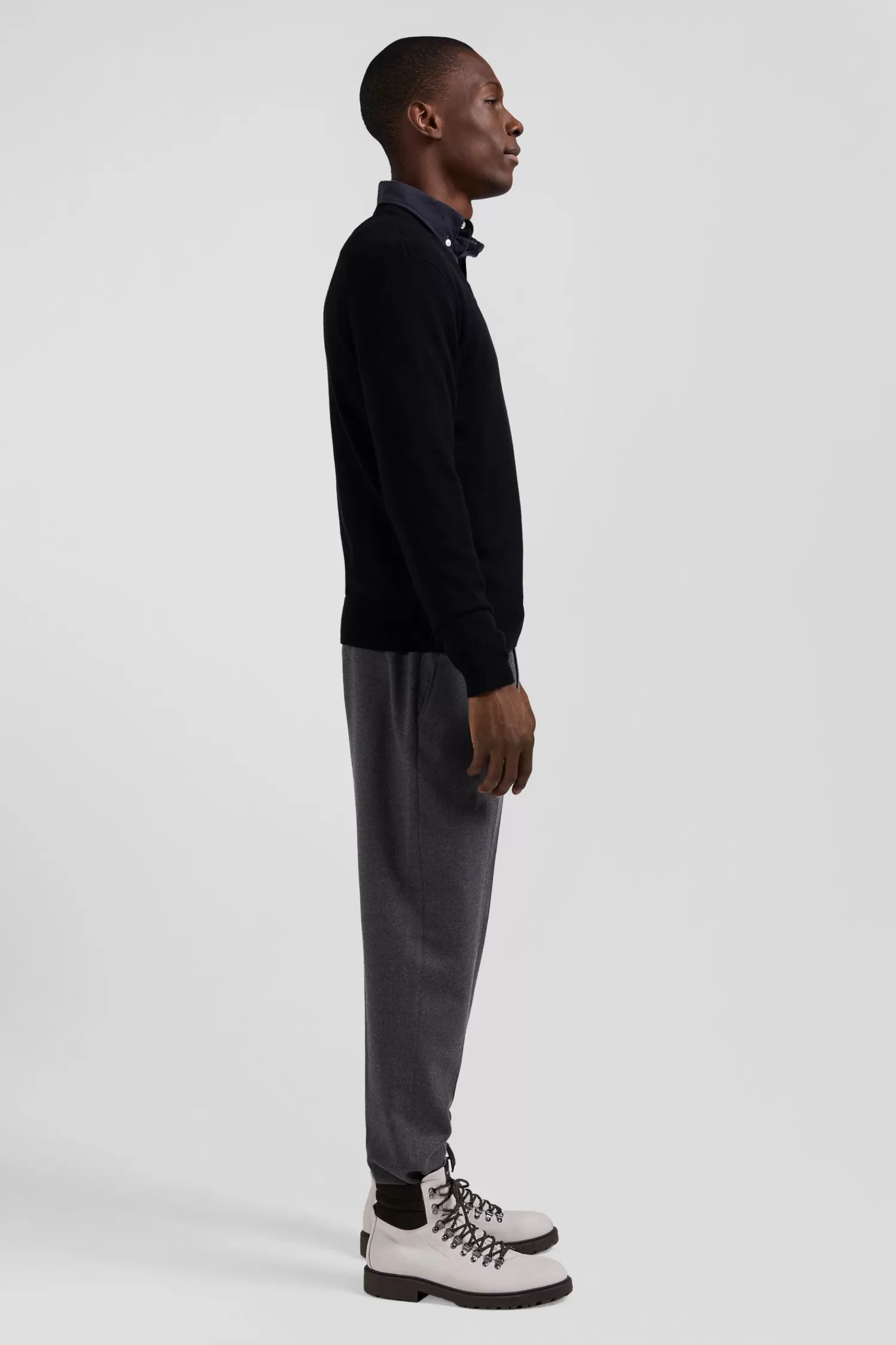 Eden Park Regular black wool and cotton V-neck jumper with striped details< Sweaters