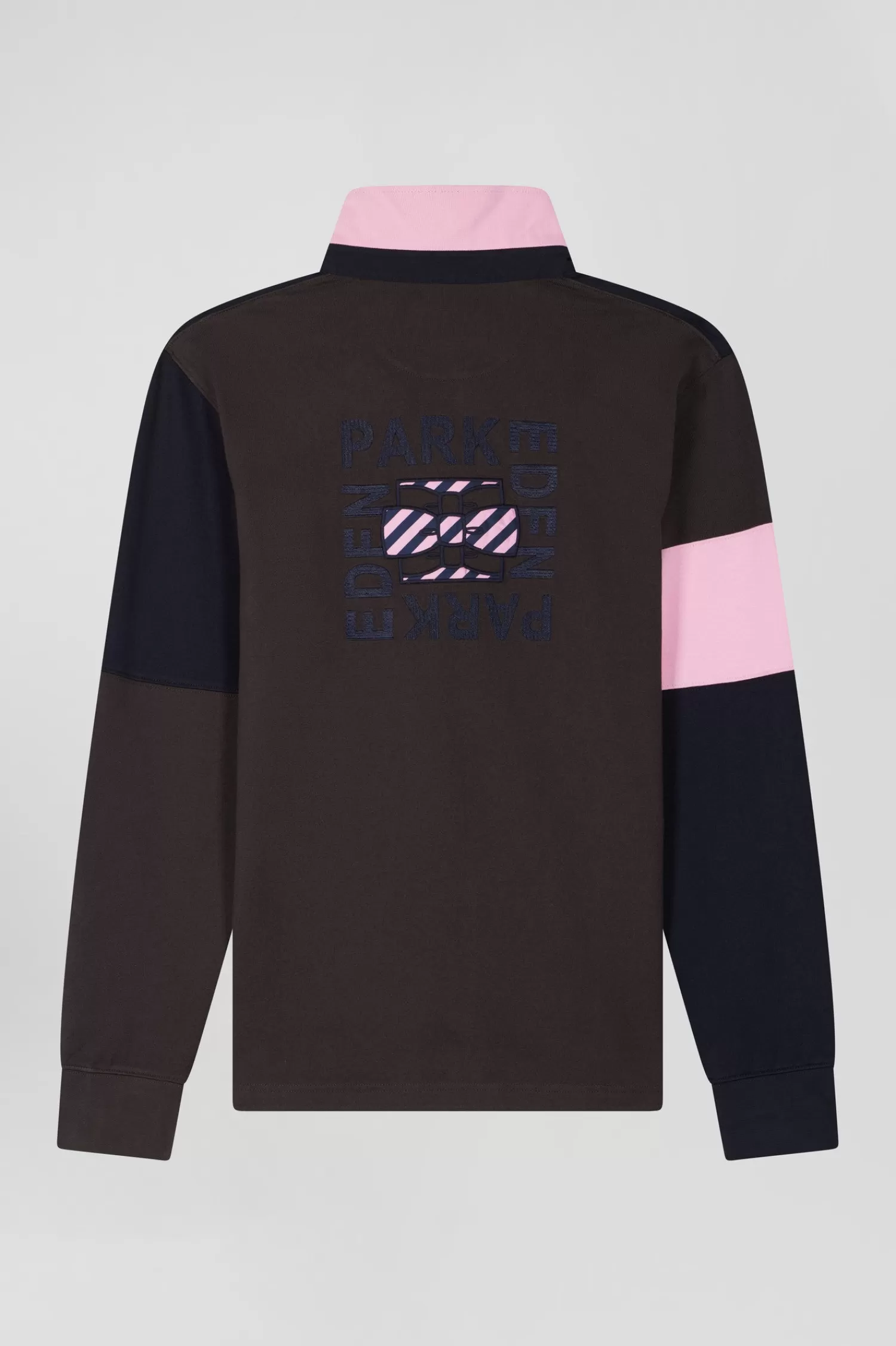 Eden Park Regular brown long-sleeved cotton rugby shirt with tie fabric patchwork< Rugby Shirts