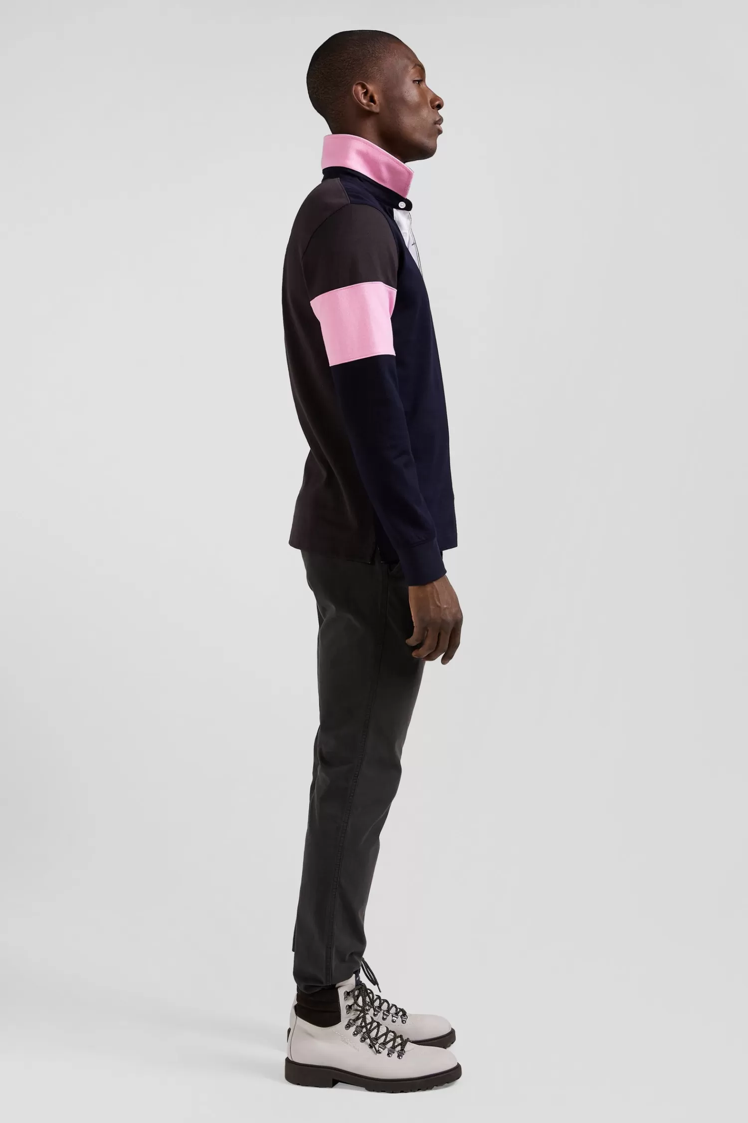 Eden Park Regular brown long-sleeved cotton rugby shirt with tie fabric patchwork< Rugby Shirts