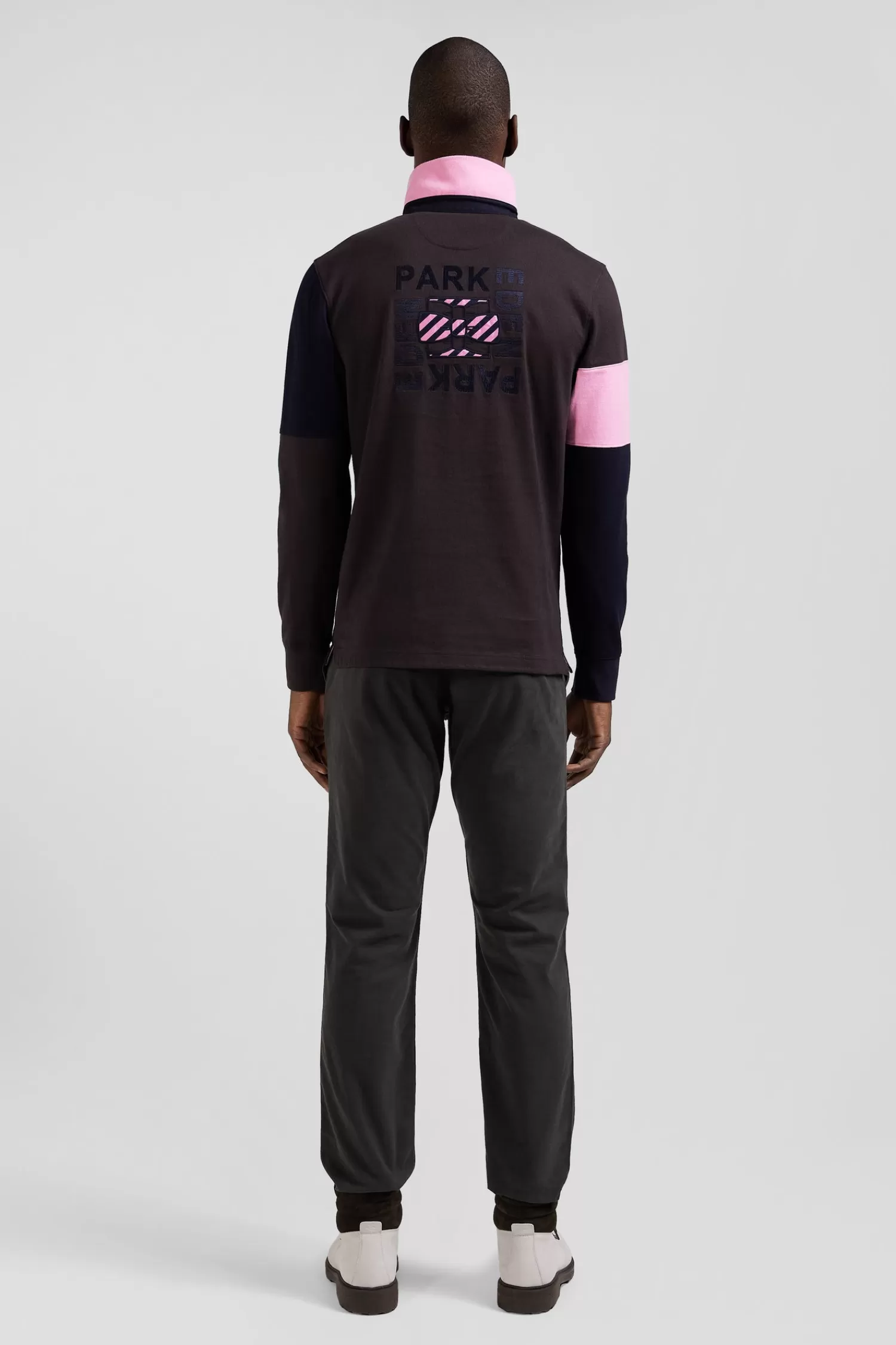 Eden Park Regular brown long-sleeved cotton rugby shirt with tie fabric patchwork< Rugby Shirts