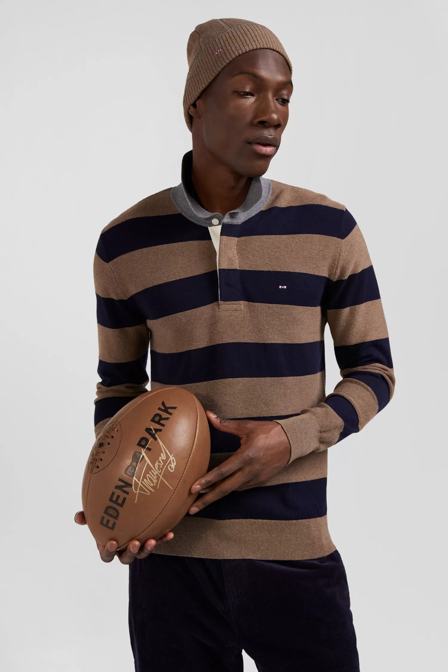 Eden Park Regular brown striped cotton and cashmere jumper with rugby shirt collar< Sweaters