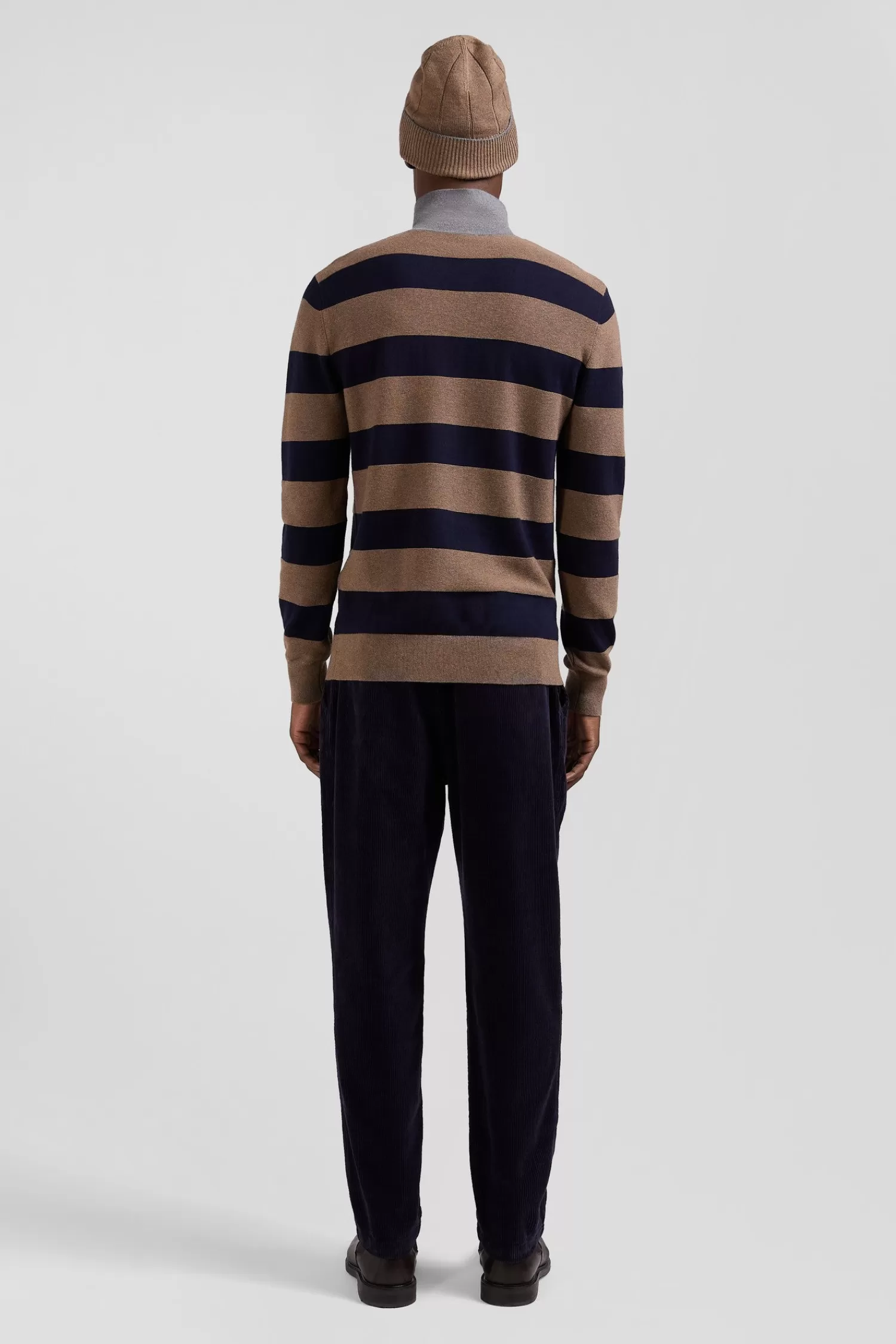 Eden Park Regular brown striped cotton and cashmere jumper with rugby shirt collar< Sweaters