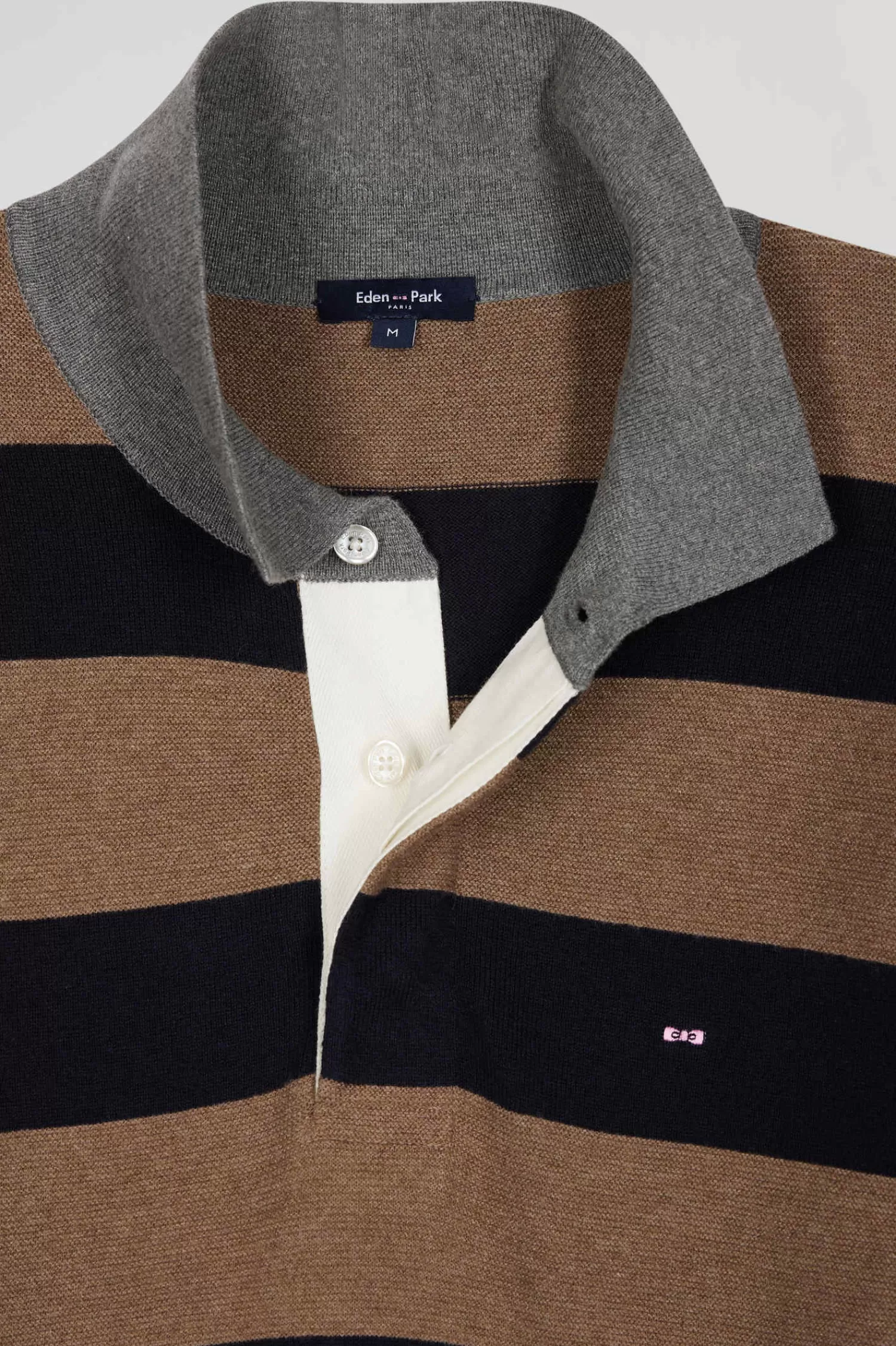 Eden Park Regular brown striped cotton and cashmere jumper with rugby shirt collar< Sweaters