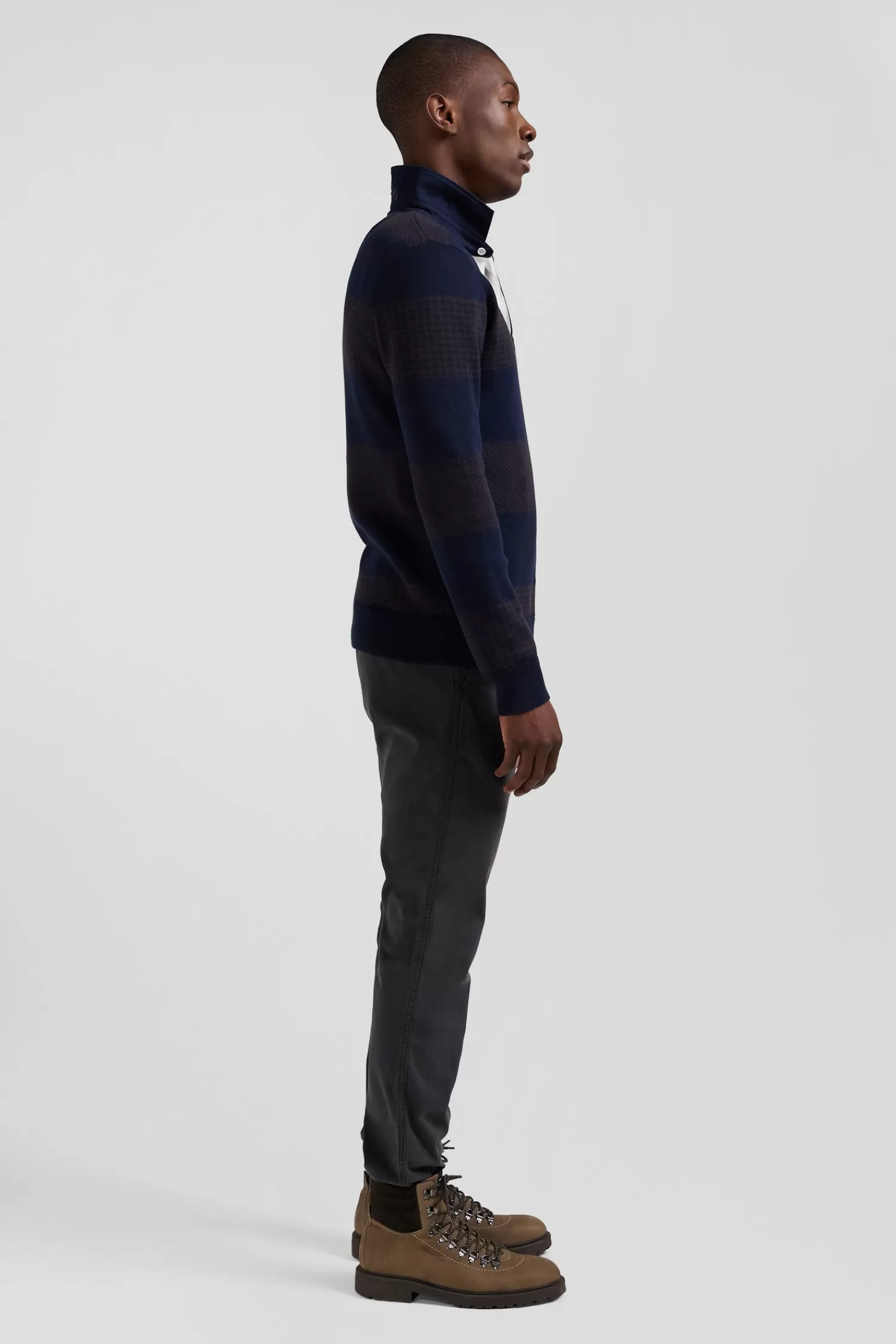 Eden Park Regular brown striped cotton jumper with houndstooth jacquard and rugby shirt collar< Sweaters