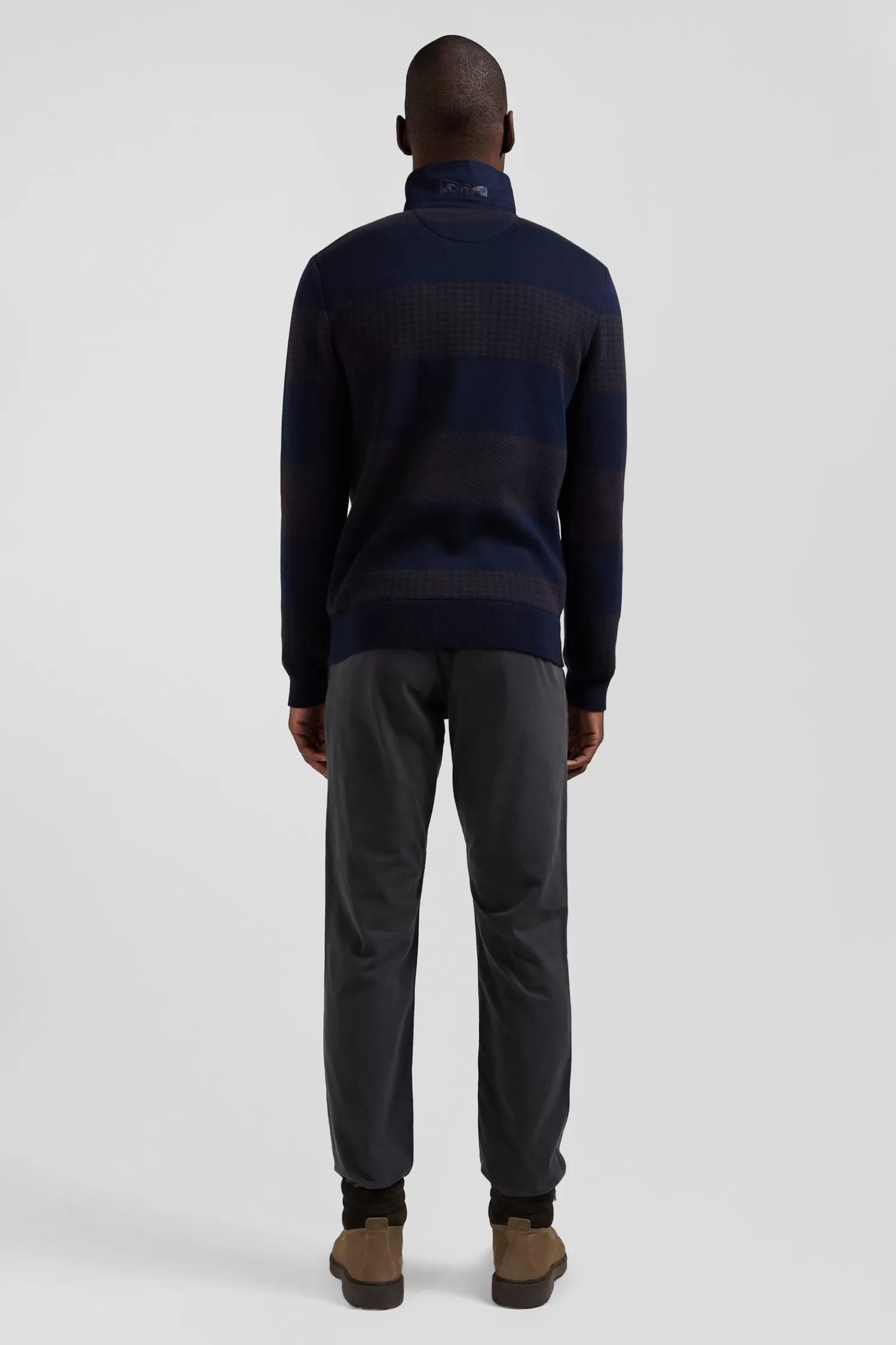 Eden Park Regular brown striped cotton jumper with houndstooth jacquard and rugby shirt collar< Sweaters