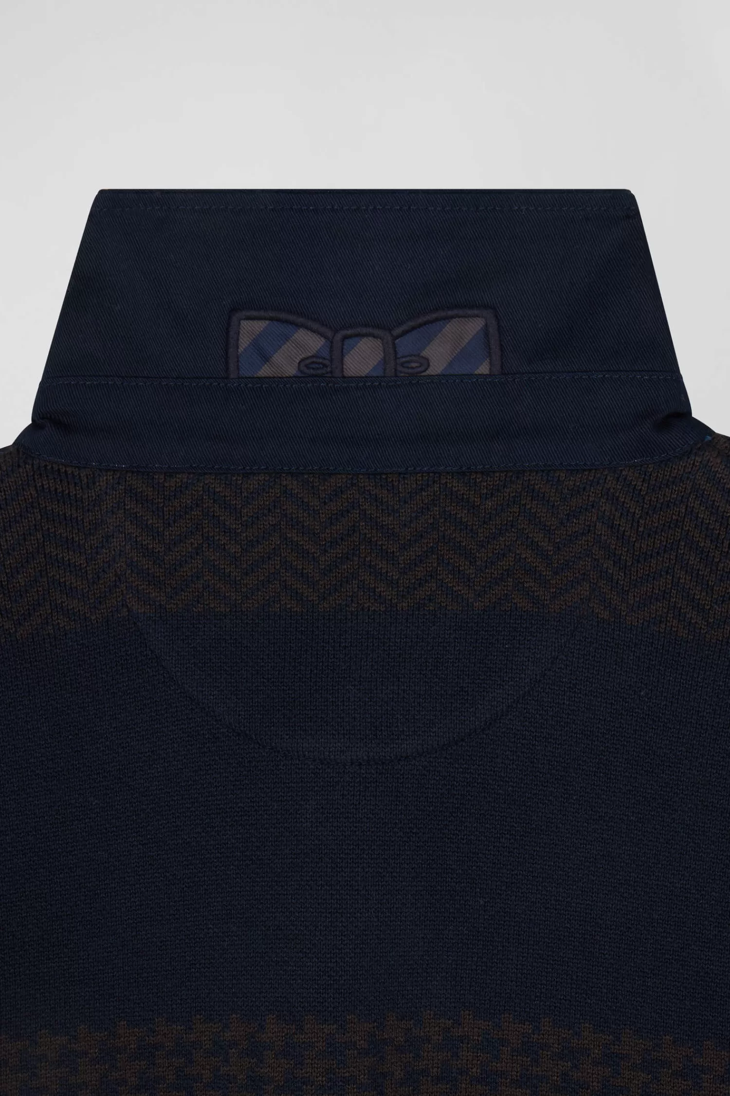 Eden Park Regular brown striped cotton jumper with houndstooth jacquard and rugby shirt collar< Sweaters