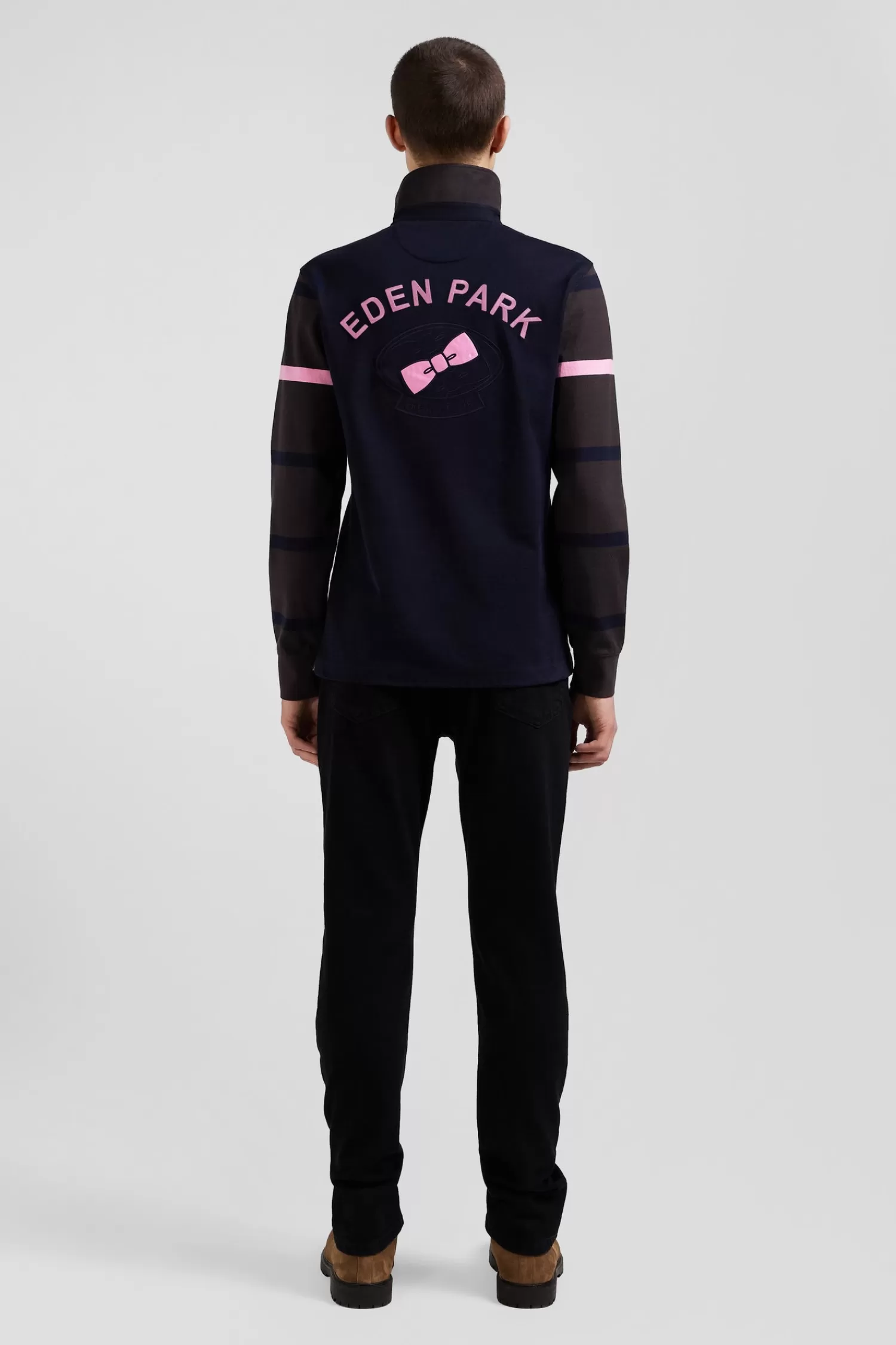 Eden Park Regular brown striped long-sleeved cotton rugby shirt with back embroidery< Rugby Shirts