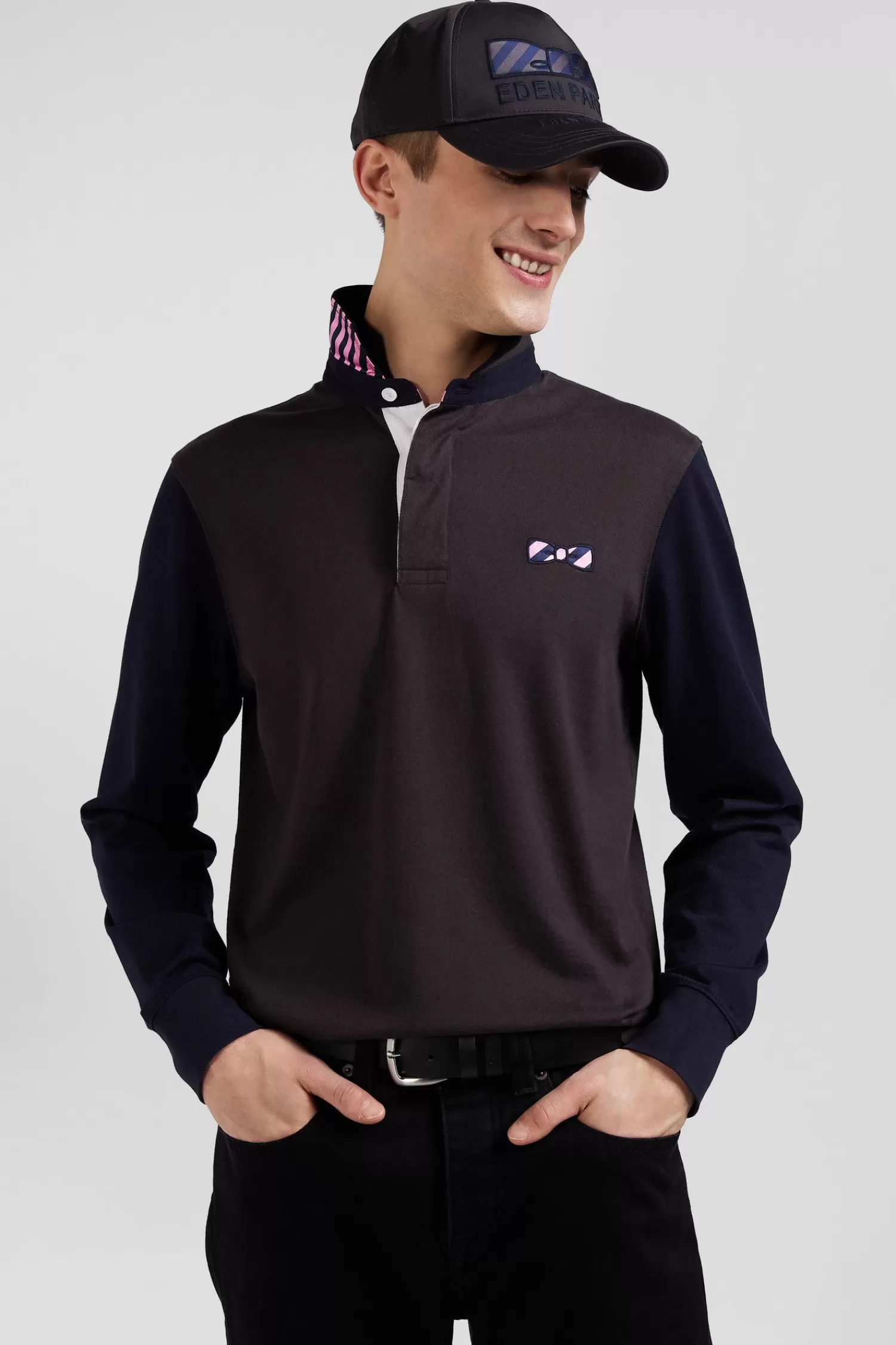 Eden Park Regular brown striped long-sleeved cotton rugby shirt with tie fabric patchwork< Rugby Shirts