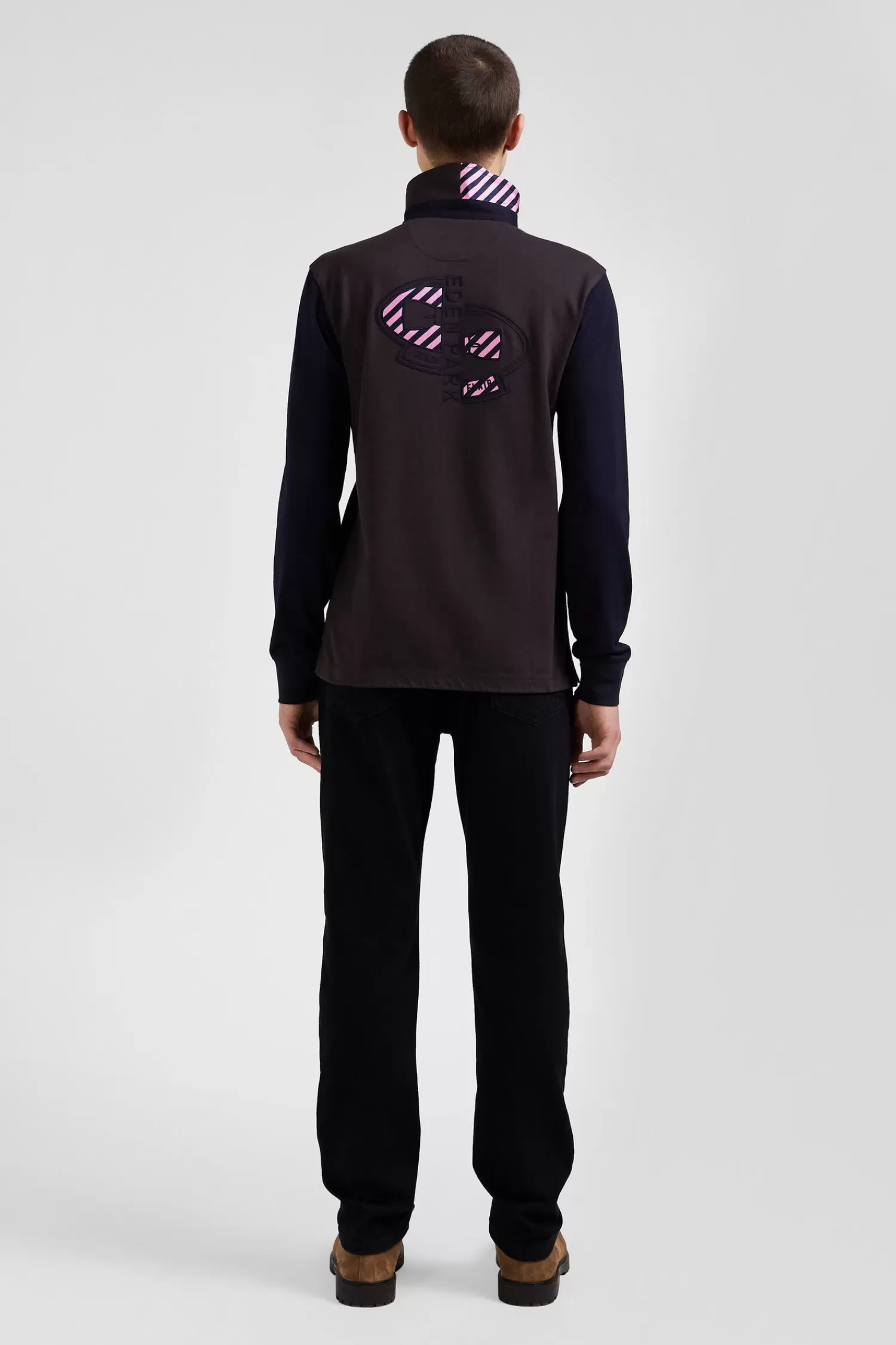 Eden Park Regular brown striped long-sleeved cotton rugby shirt with tie fabric patchwork< Rugby Shirts