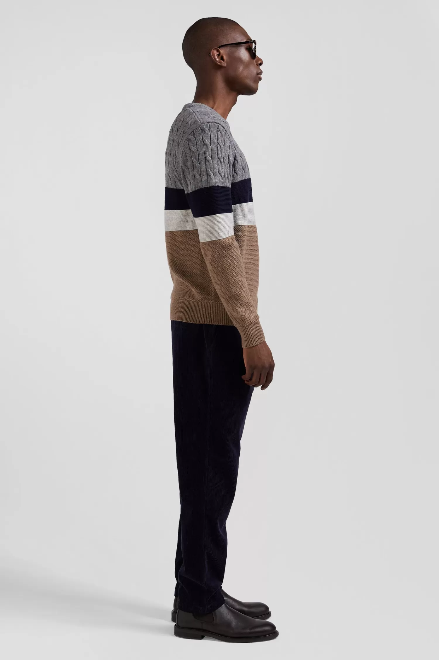 Eden Park Regular brown wool and cotton crew neck jumper with knit patterns< Sweaters