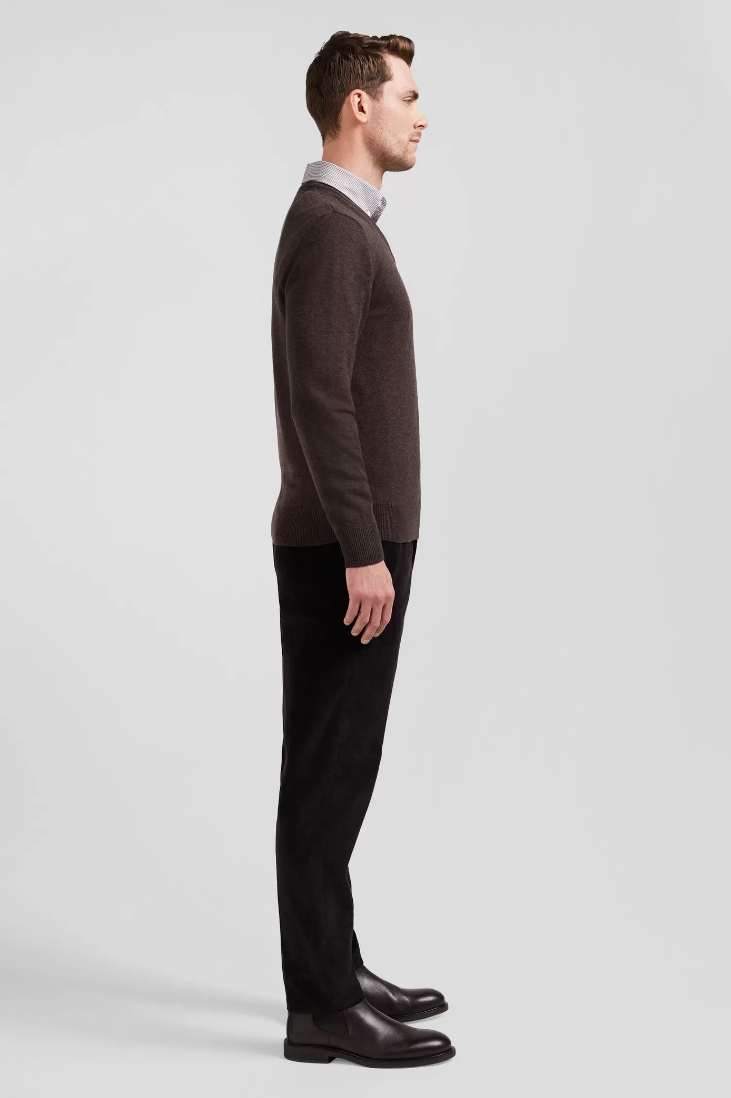 Eden Park Regular brown wool and cotton V-neck jumper with striped details< Sweaters