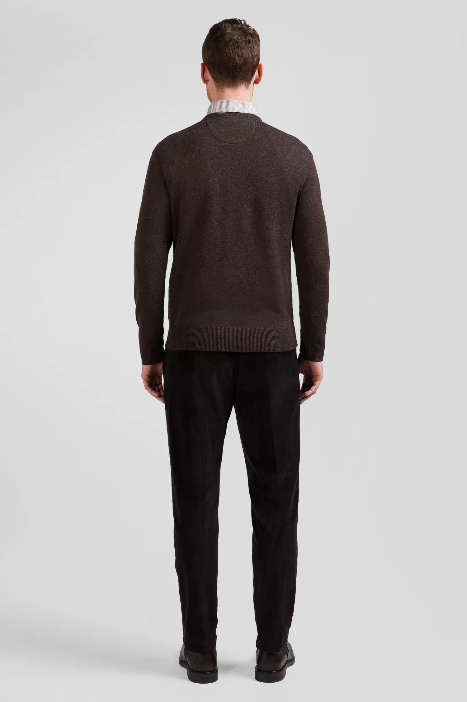 Eden Park Regular brown wool and cotton V-neck jumper with striped details< Sweaters
