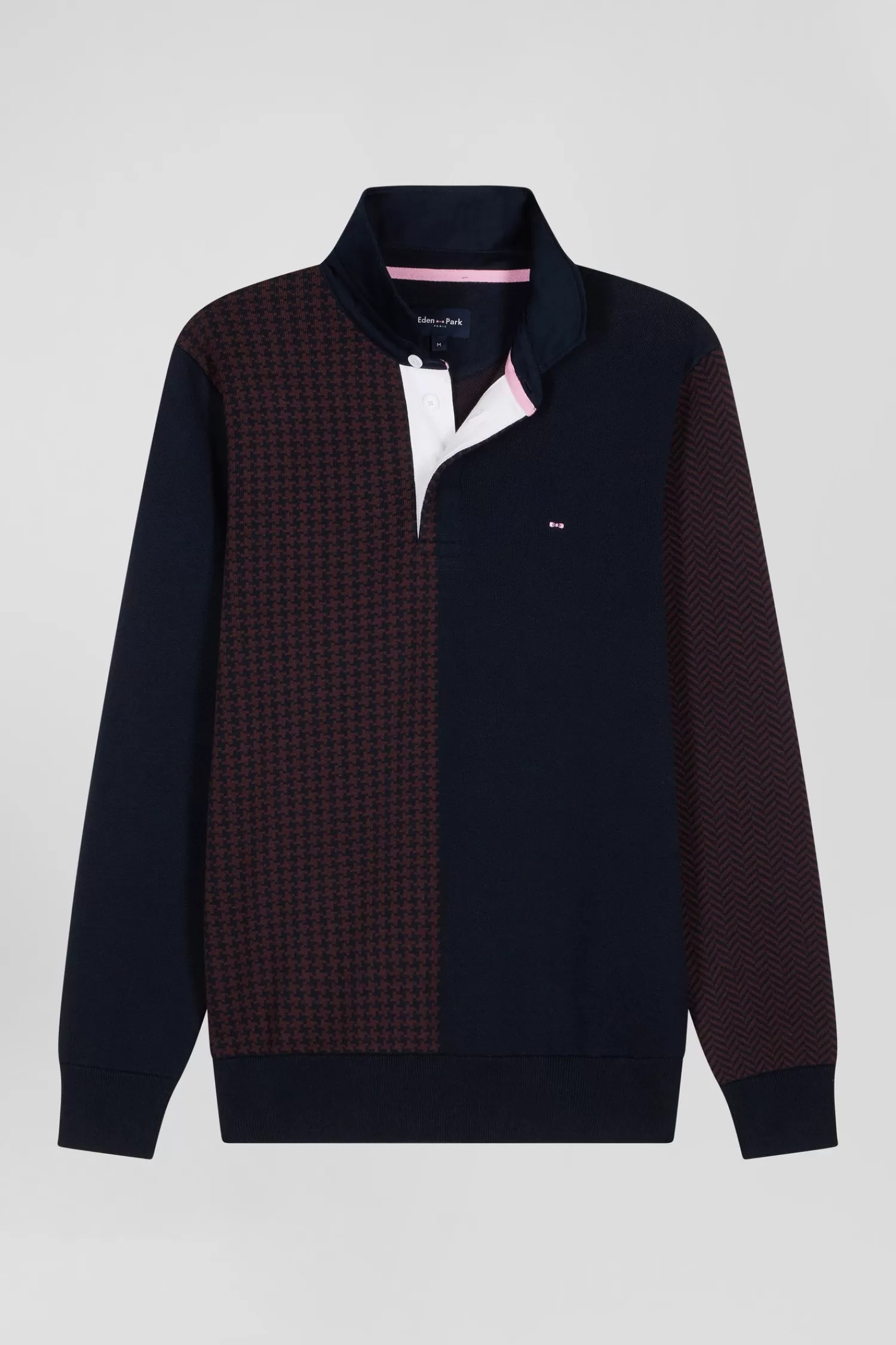 Eden Park Regular burgundy cotton jumper with houndstooth jacquard and rugby shirt collar< Sweaters
