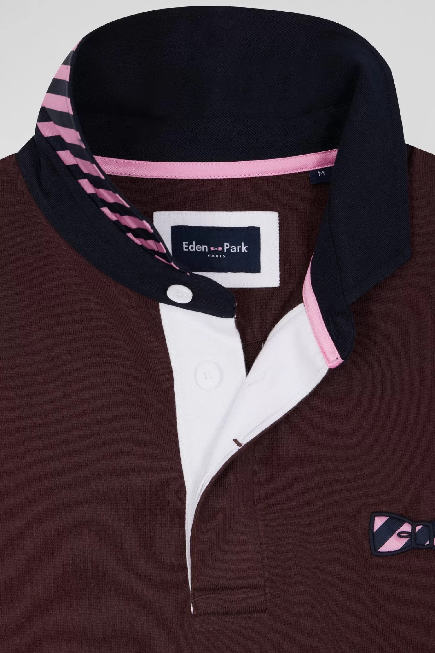 Eden Park Regular burgundy striped long-sleeved cotton rugby shirt with tie fabric patchwork< Rugby Shirts