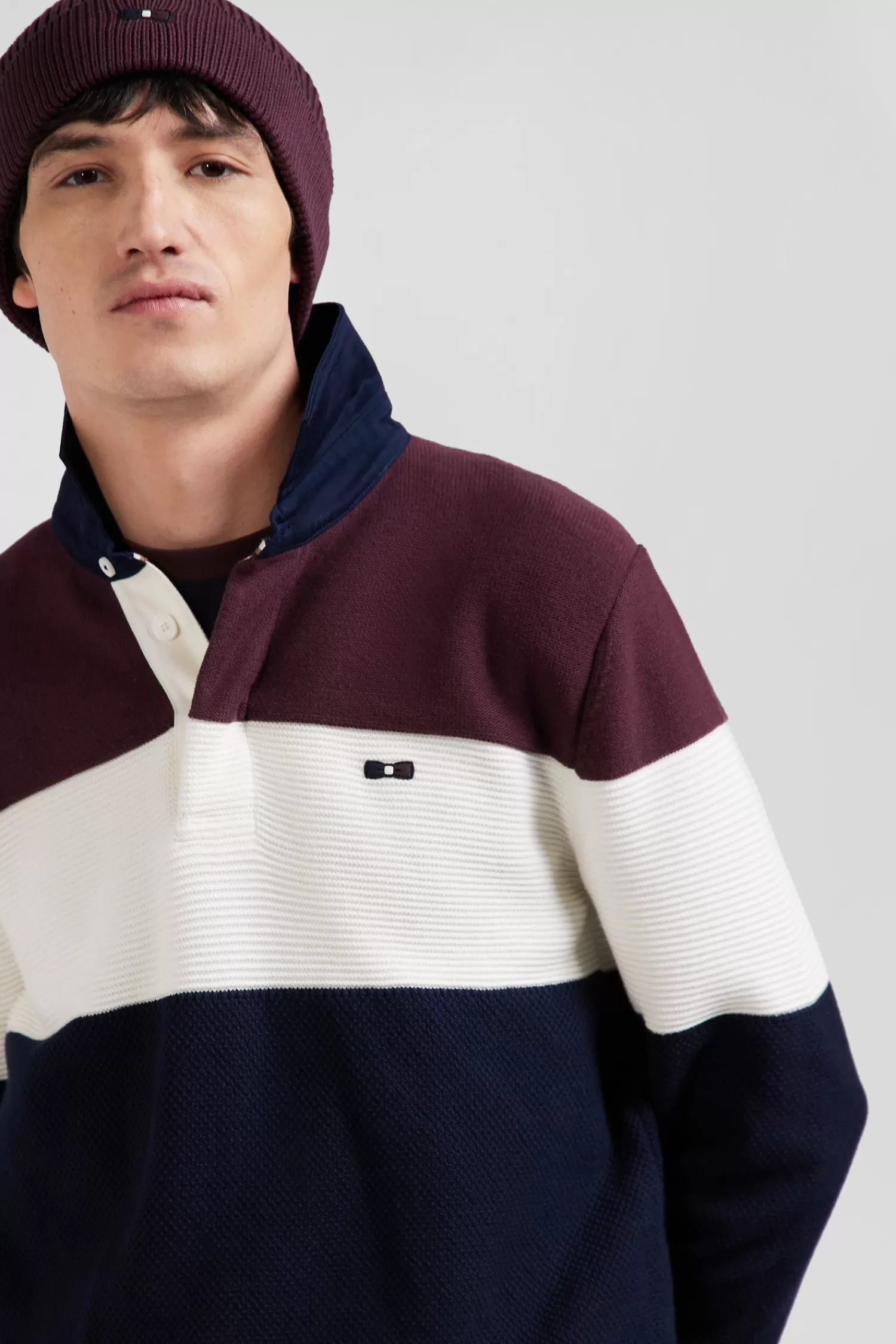Eden Park Regular burgundy wool and cotton jumper with knit patterns and rugby shirt collar< Sweaters