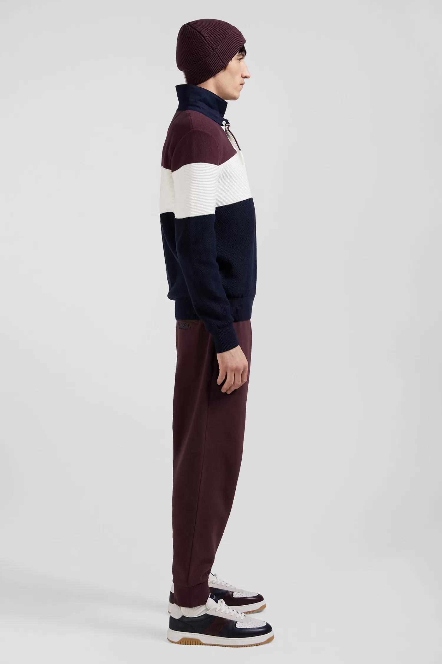 Eden Park Regular burgundy wool and cotton jumper with knit patterns and rugby shirt collar< Sweaters