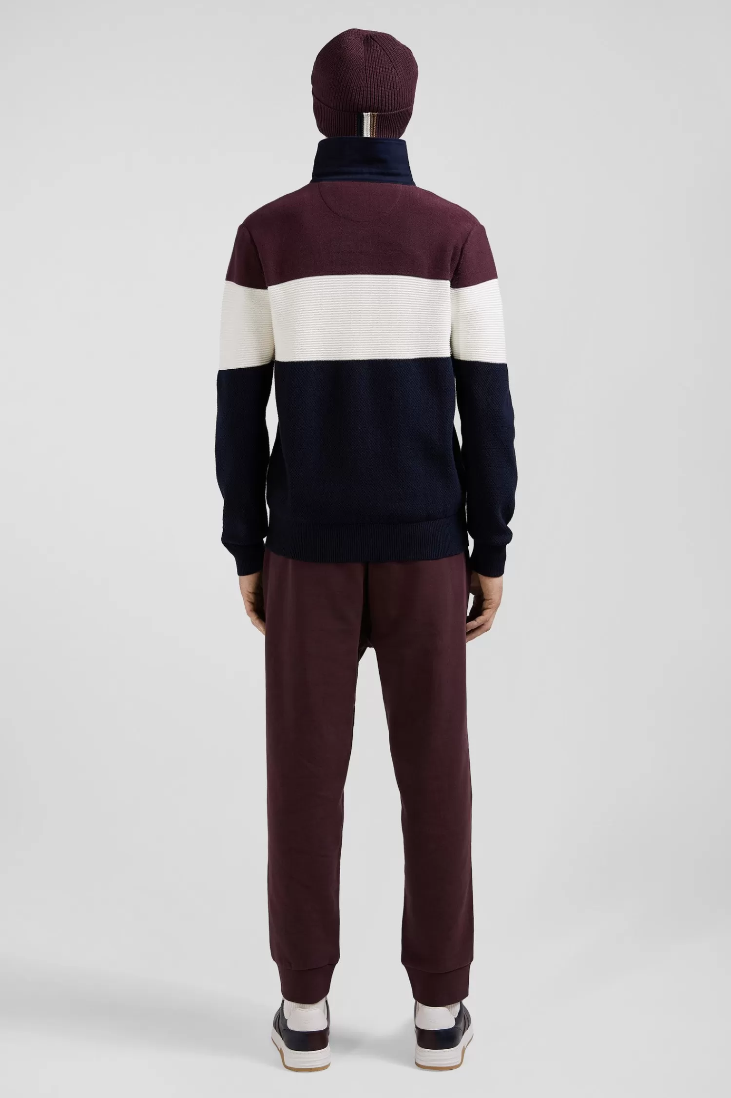 Eden Park Regular burgundy wool and cotton jumper with knit patterns and rugby shirt collar< Sweaters