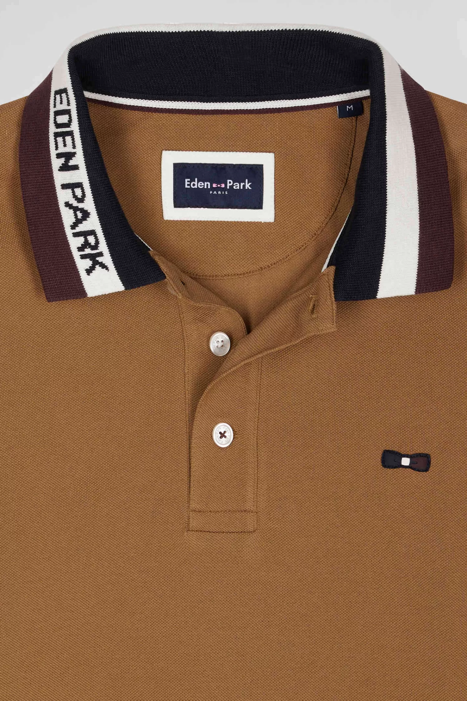 Eden Park Regular camel bicolor long-sleeved cotton piqué polo shirt with jacquard collar< Polos