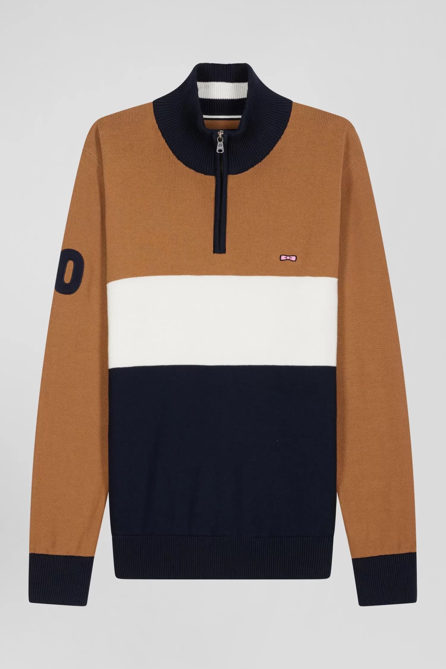 Eden Park Regular camel embroidered semi-zipped colorblock cotton jumper< Sweaters