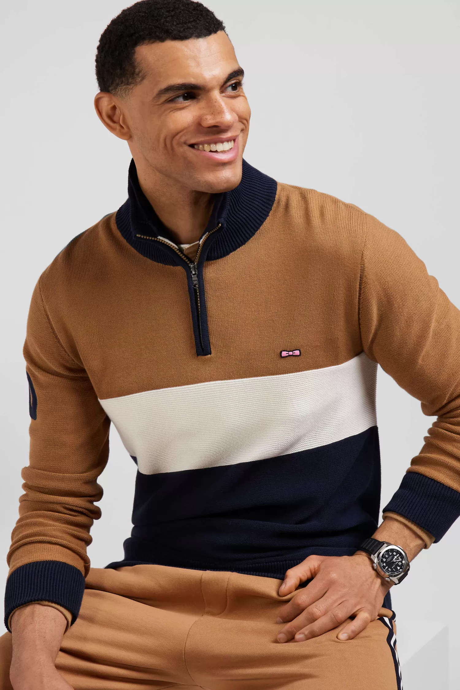 Eden Park Regular camel embroidered semi-zipped colorblock cotton jumper< Sweaters