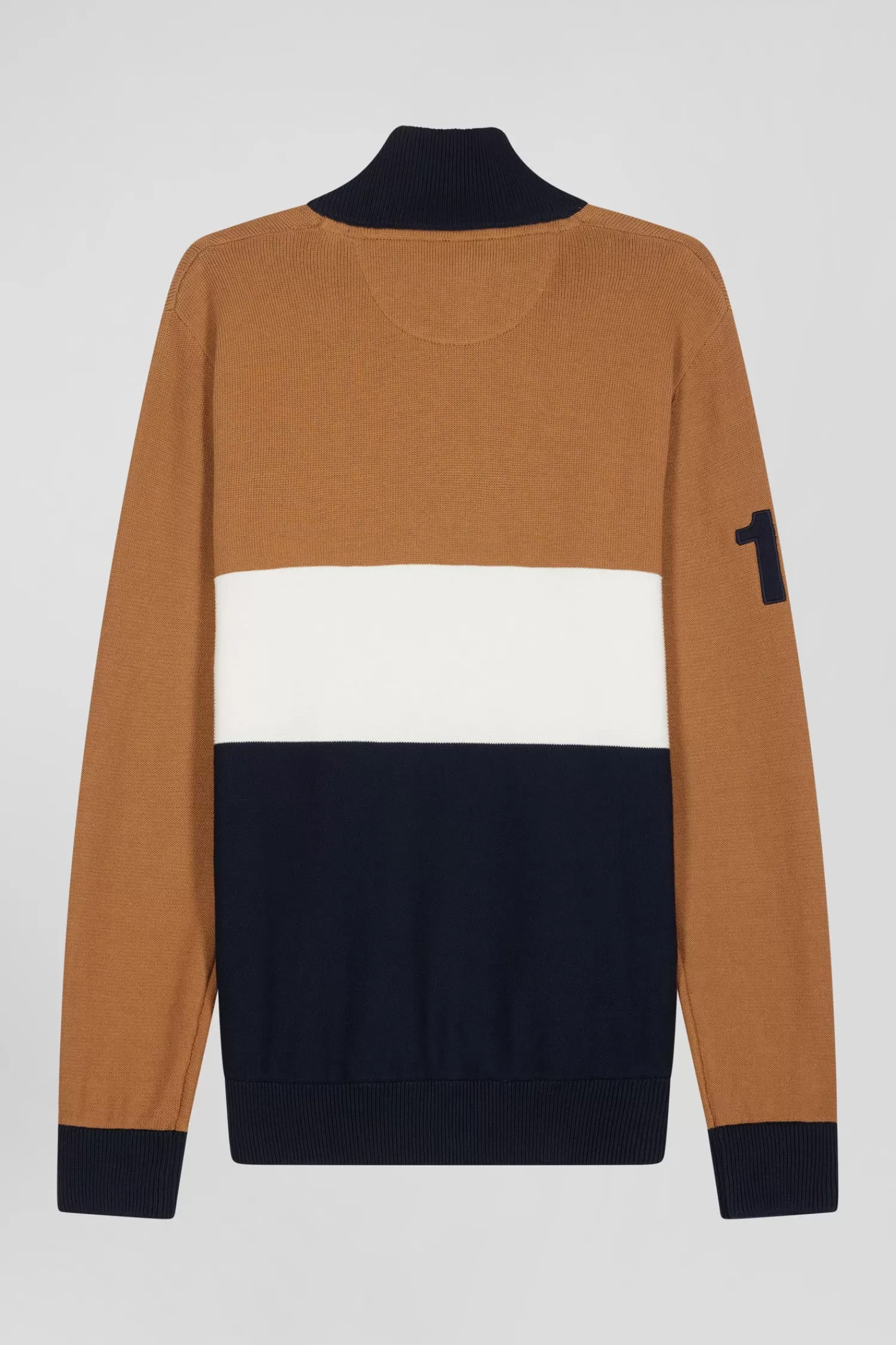 Eden Park Regular camel embroidered semi-zipped colorblock cotton jumper< Sweaters