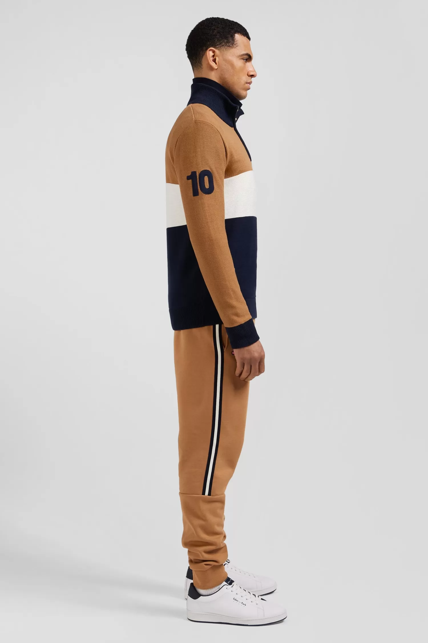 Eden Park Regular camel embroidered semi-zipped colorblock cotton jumper< Sweaters