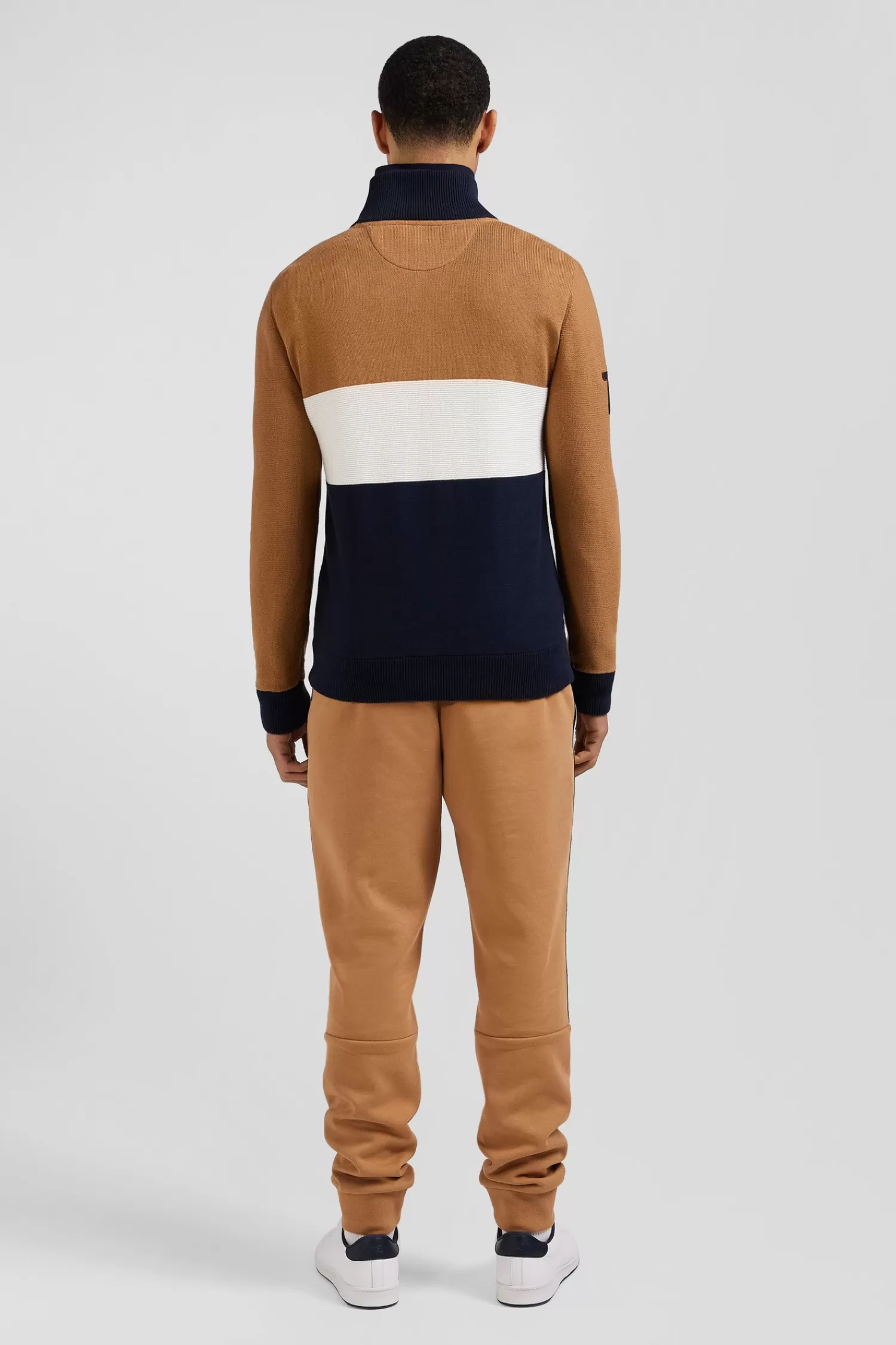 Eden Park Regular camel embroidered semi-zipped colorblock cotton jumper< Sweaters