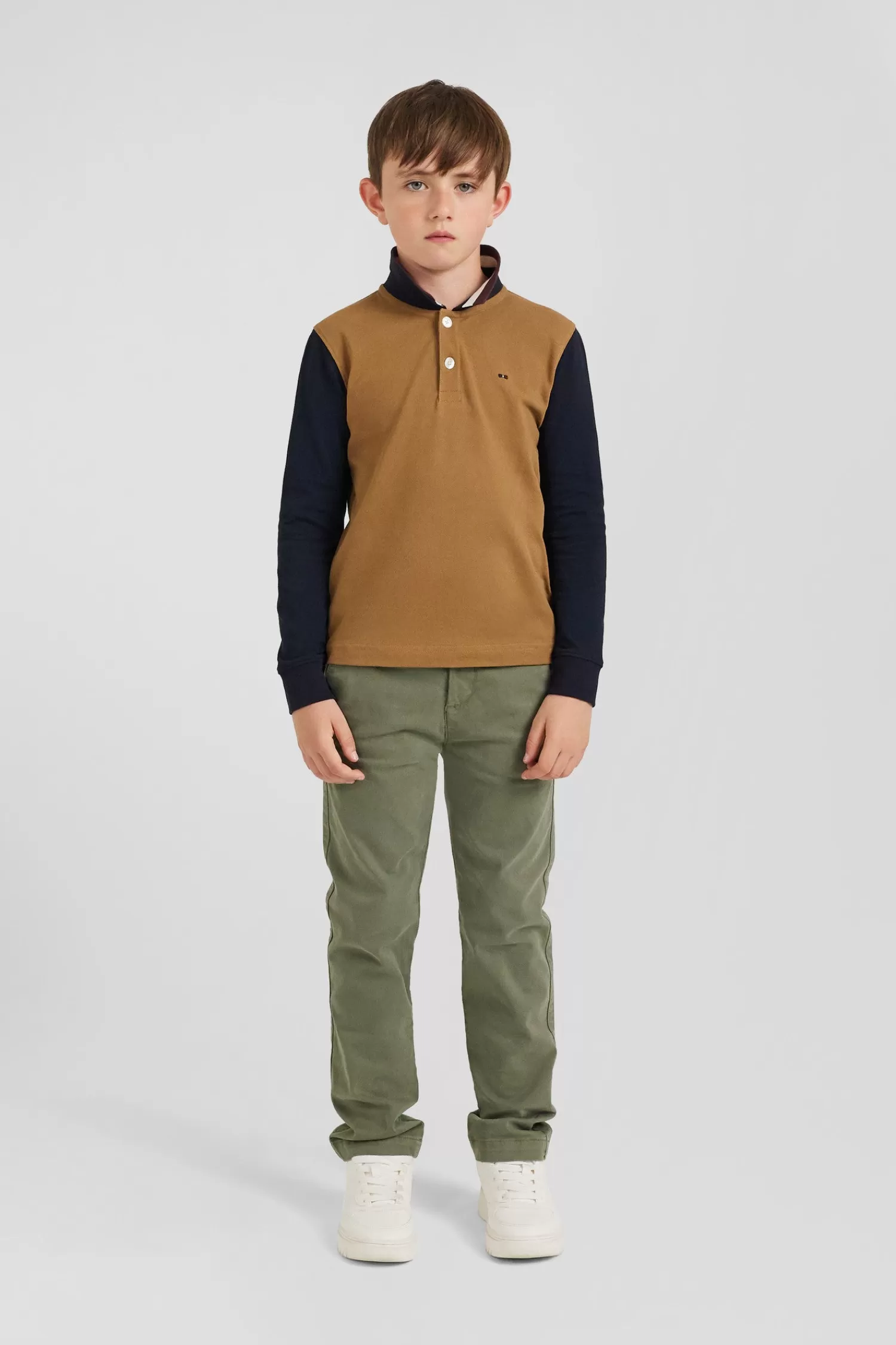 Eden Park Regular camel long-sleeved cotton piqué polo shirt with tricolour jacquard collar<Kids Kids