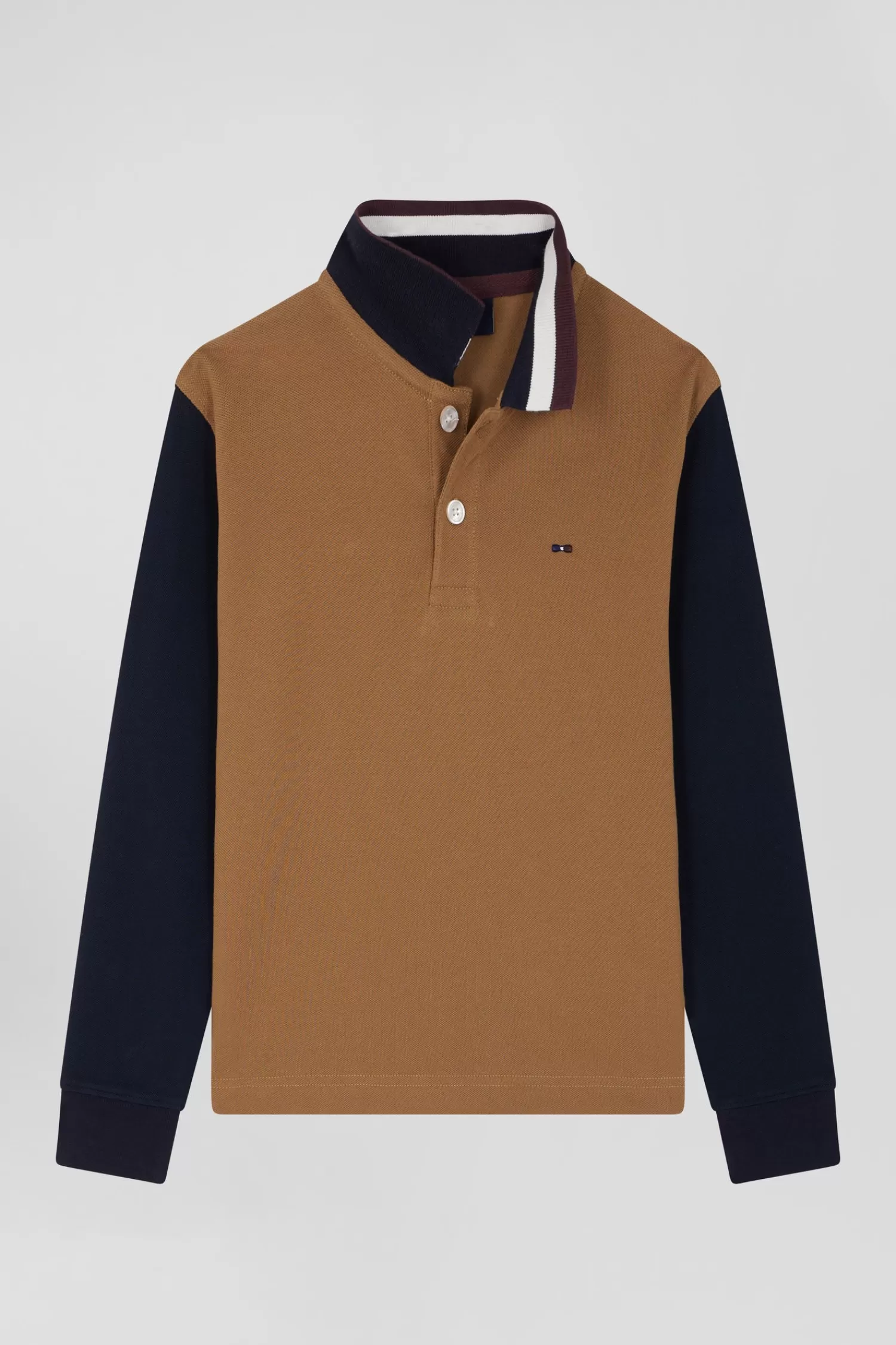 Eden Park Regular camel long-sleeved cotton piqué polo shirt with tricolour jacquard collar<Kids Kids