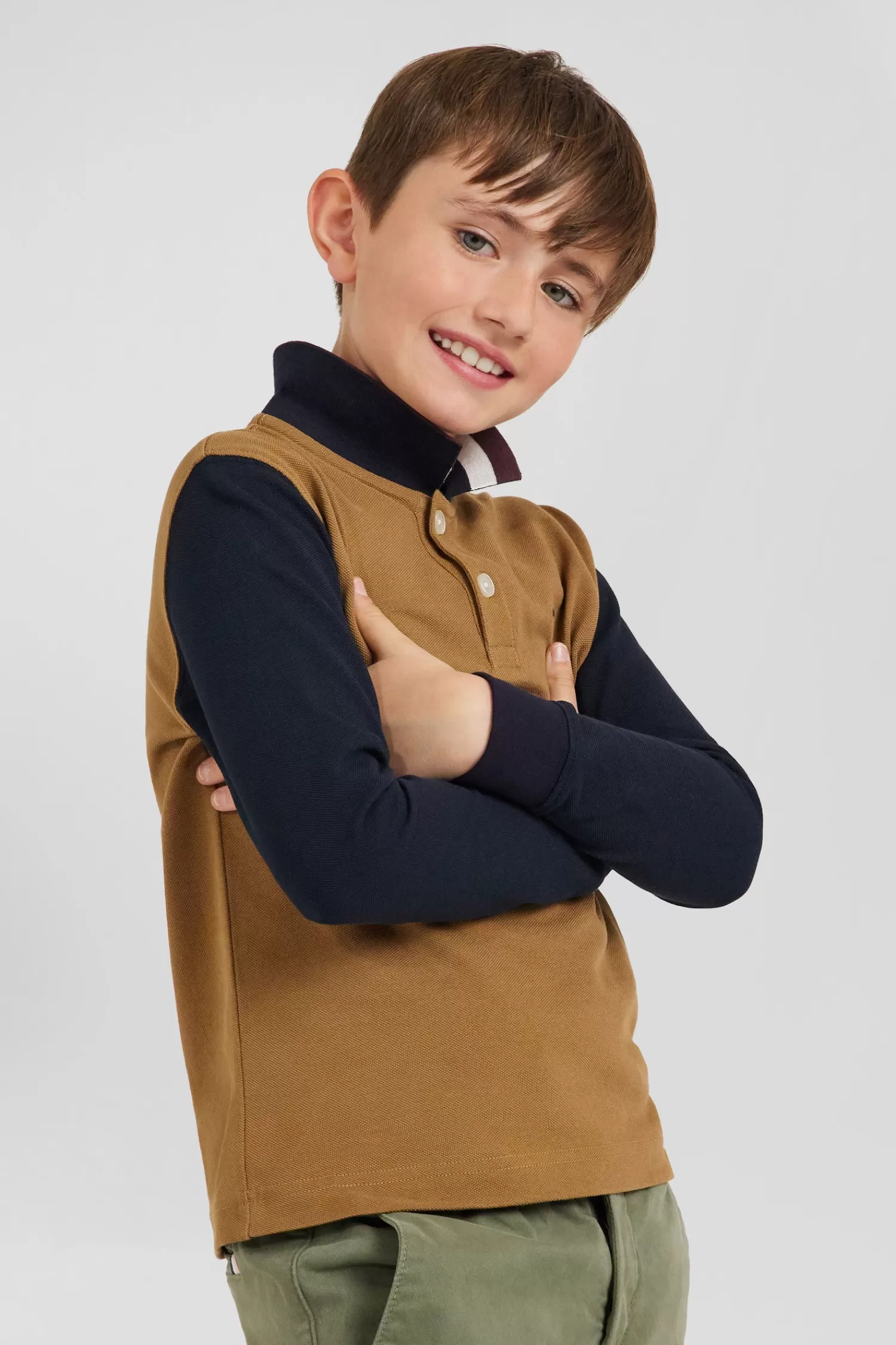 Eden Park Regular camel long-sleeved cotton piqué polo shirt with tricolour jacquard collar<Kids Kids